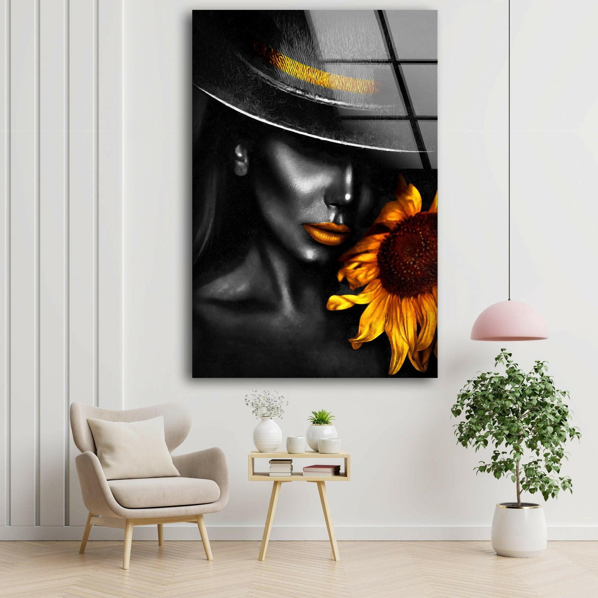 Black Woman and Sunflower Glass Wall Art - Elegant Home Decor for Living Room, Bedroom & Office - Perfect Gift for Housewarming, Birthday & Mother's Day