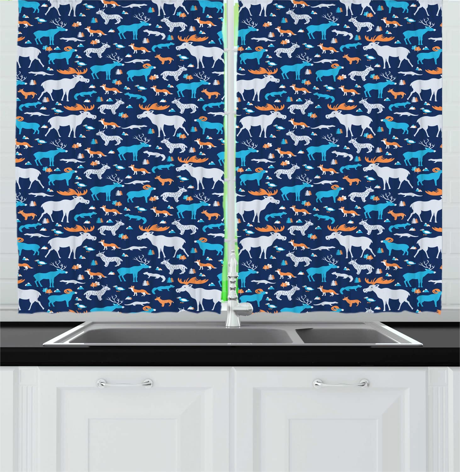 Ambesonne Nature Themed Long Kitchen Curtains - Wild Animals Deer Fox Elk Forest Pattern, 2 Panel Rod Pocket Drapes, 55