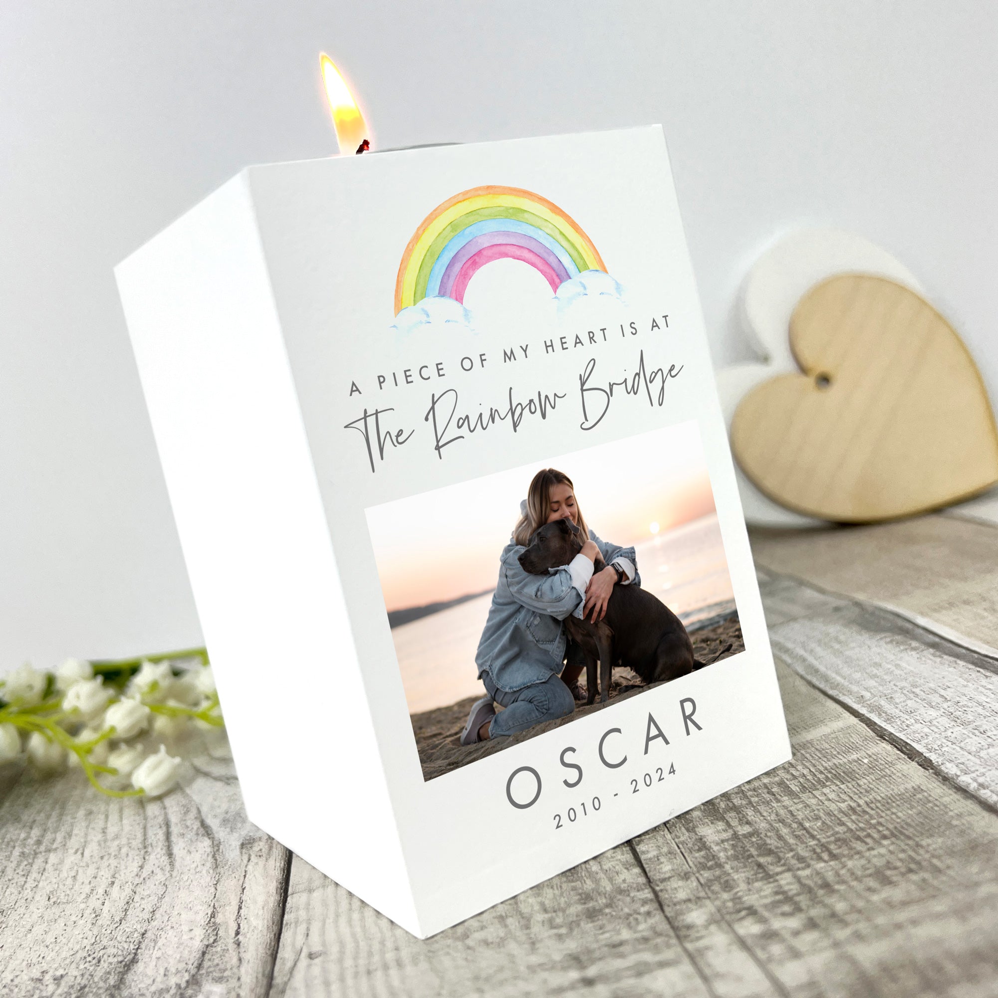Personalized Watercolor Rainbow Pet Memorial Photo White Tea Light Holder - Perfect for Pet Loss Remembrance, Memorial Gifts, and Candlelight Tributes