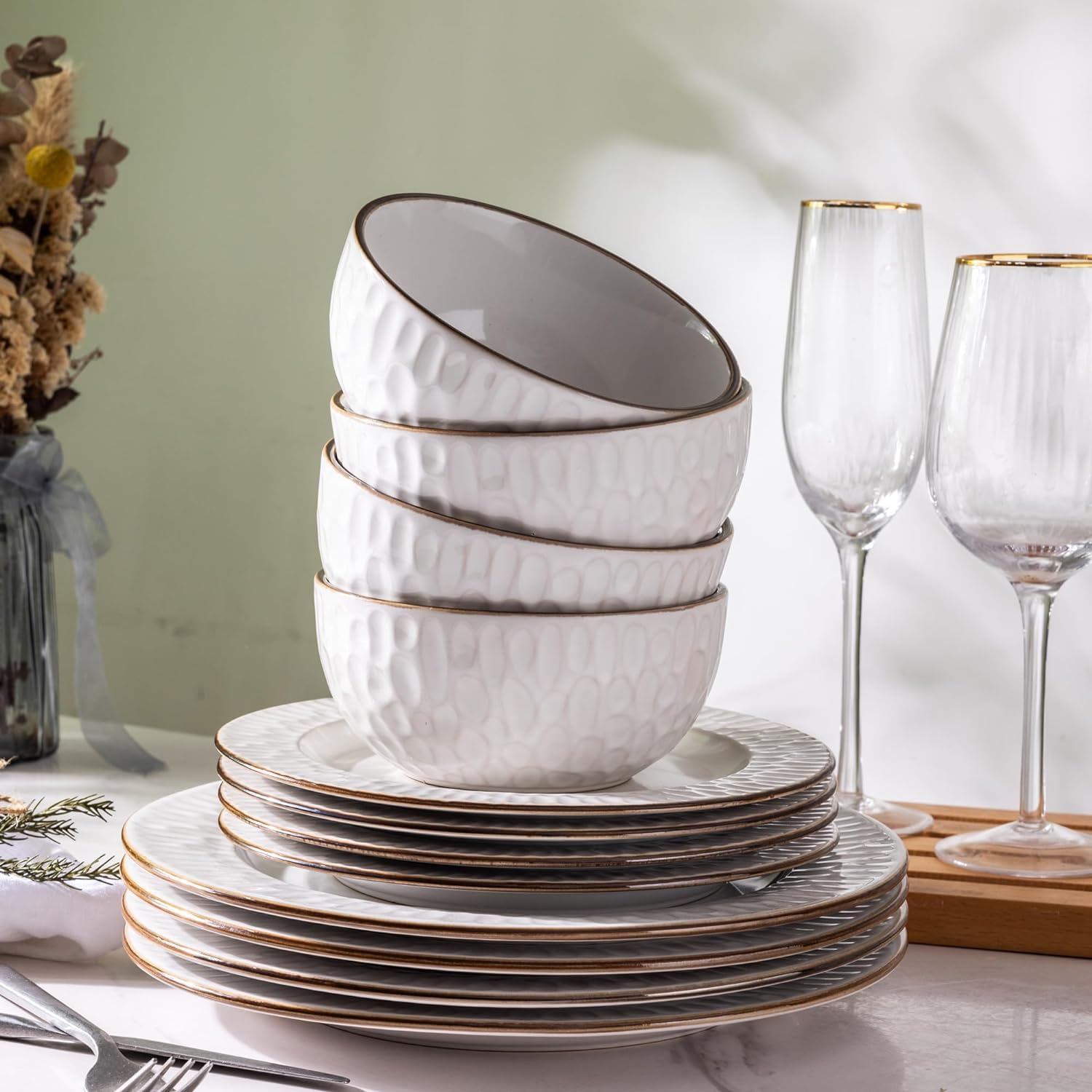 GBHOME 18-Piece Ceramic Dinnerware Set - Elegant Embossed Stoneware Plates & Bowls, Dishwasher & Microwave Safe, Service for 6 - Perfect for Wedding Gifts, Housewarming & Everyday Dining