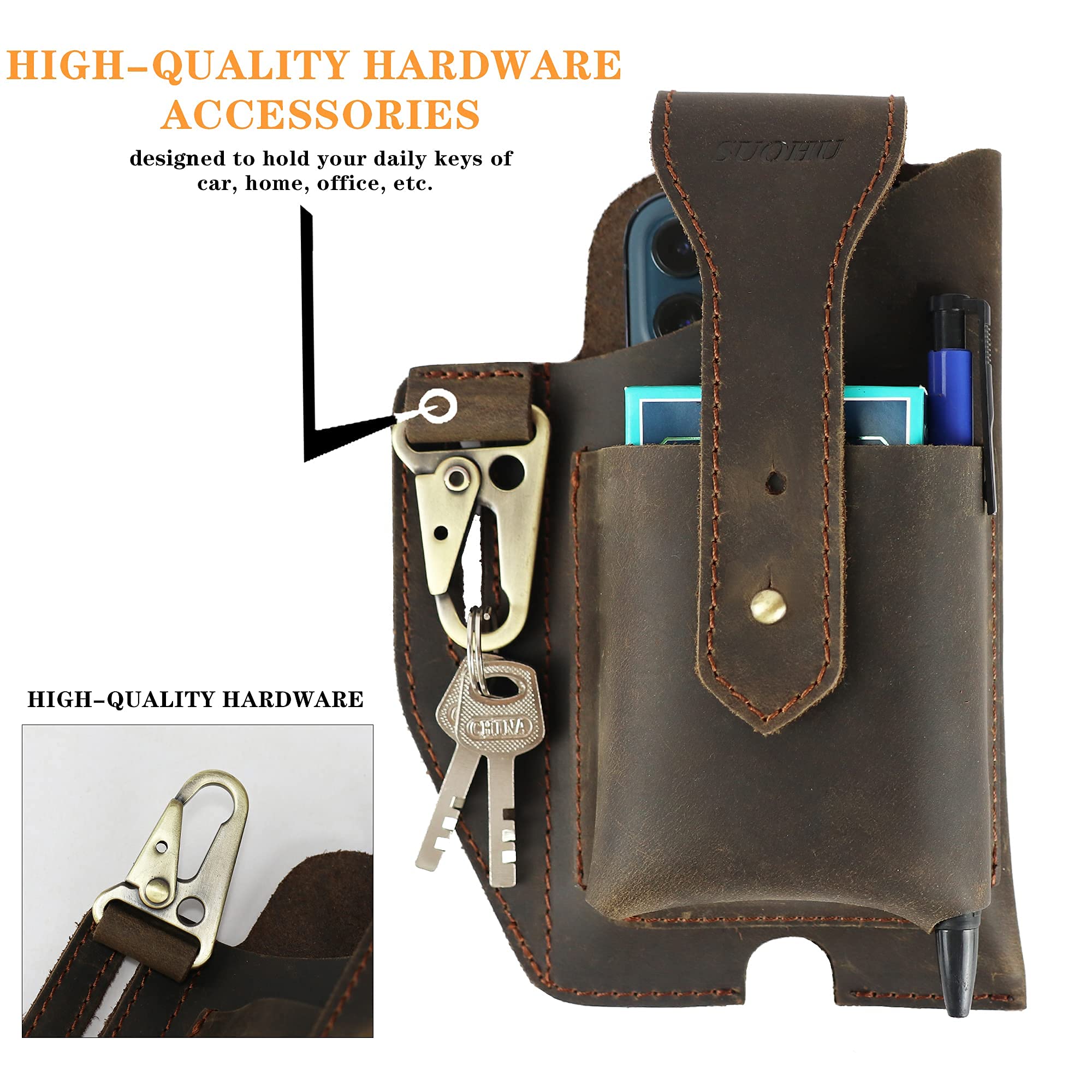 Premium Leather Phone Holster with Belt Clip - Universal Leather Cell Phone Pouch for iPhone & Smartphones - Tactical Belt Phone Case for Men & Women - Dark Brown - Perfect for Outdoor, Work & Daily Use
