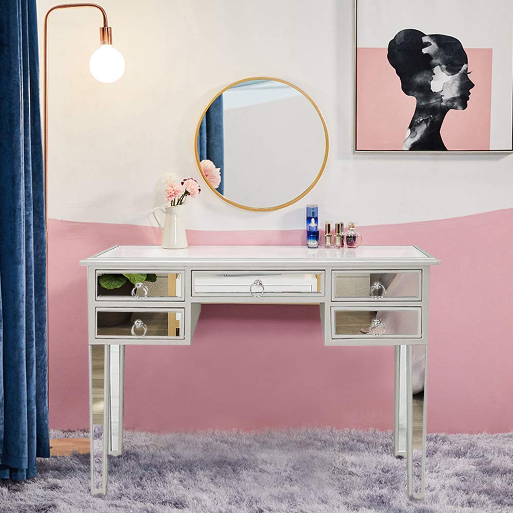 Modern Mirrored Vanity Table with 5 Drawers - Silver Makeup Desk & Writing Table for Women, Home Office & Bedroom - Elegant Console Table with Smooth Finish for Dressing, Working & Media Storage