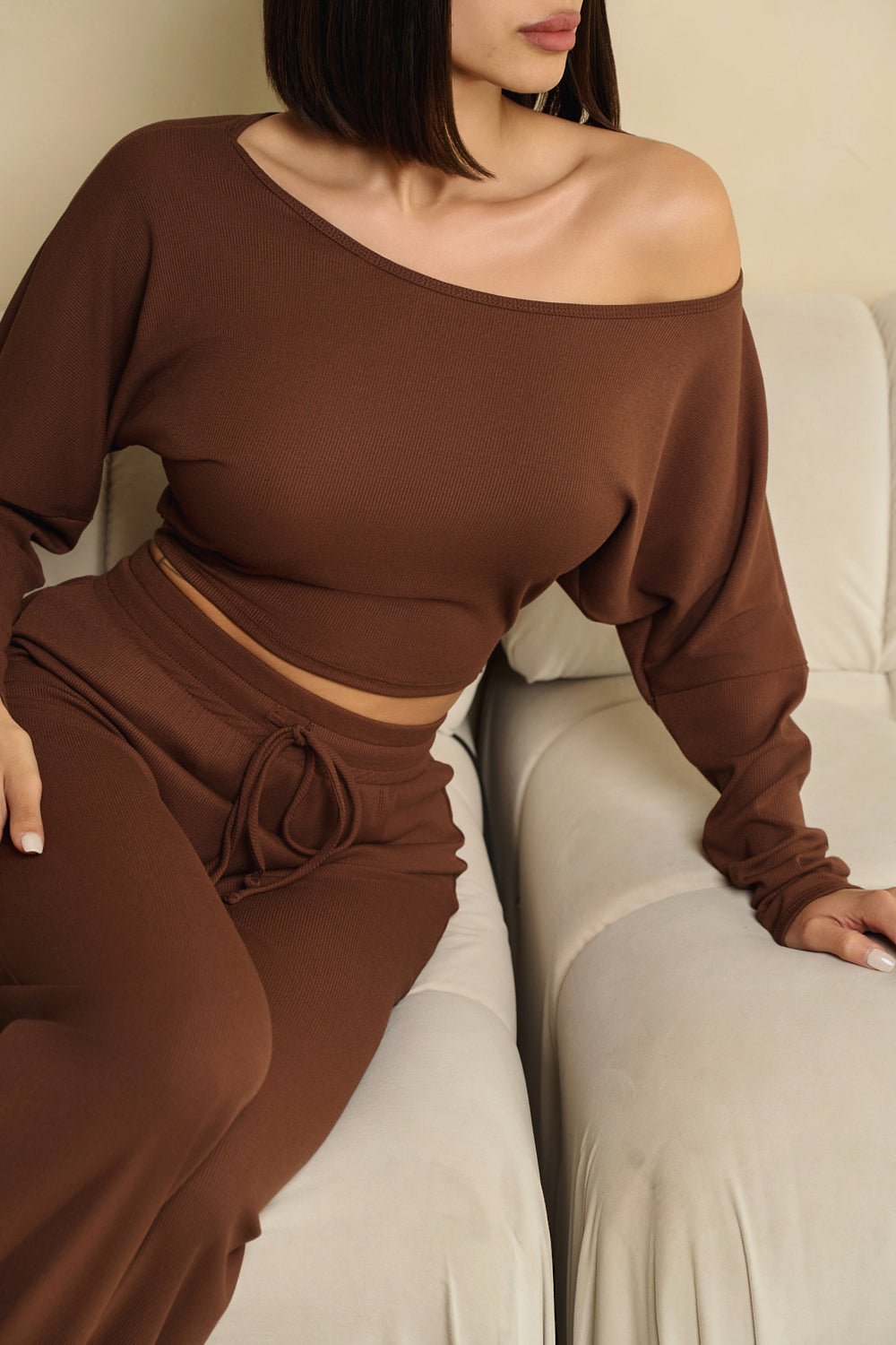 HMS Skins Chocolate Baby Rib Off Shoulder Long Sleeve Top - Women's Stretchy Knit Shirt for Casual Wear, Date Night & Layering