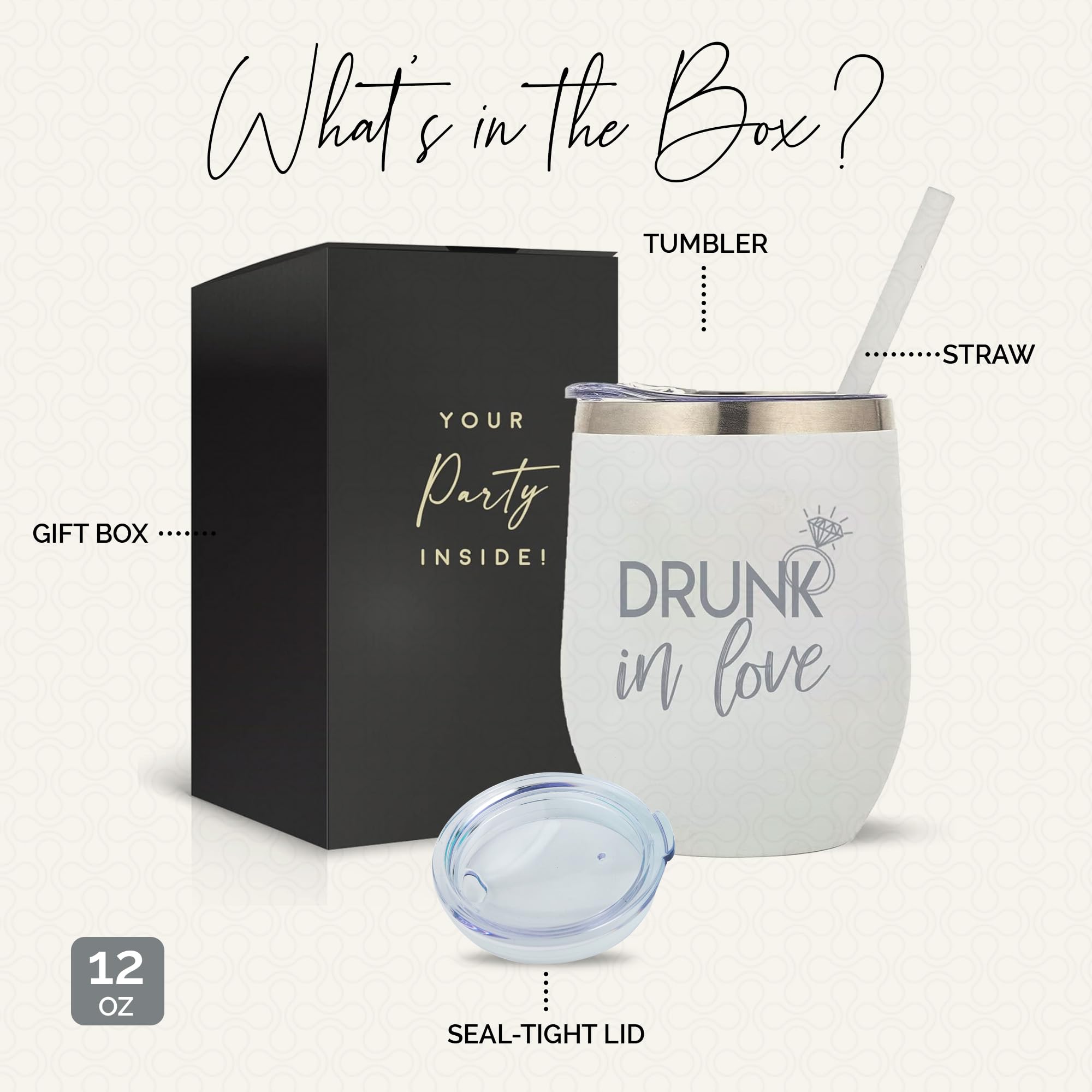 Drunk In Love Bride Stainless Steel Tumbler 12oz with Lid & Straw - Insulated Wine Cup for Engagement, Bachelorette & Wedding - Perfect Gift for Future Brides, Bridal Showers & Newlyweds - Great for Parties, Honeymoons & Romantic Celebrations