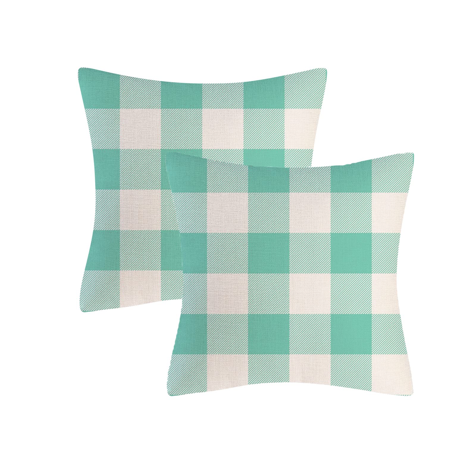 Rustic Aqua and White Buffalo Check Plaid Throw Pillows - Farmhouse Decorative Pillow Covers 18x18 Inch (Set of 2) - Indoor/Outdoor Cushion Covers for Sofa, Living Room, Bedroom & Patio Decor