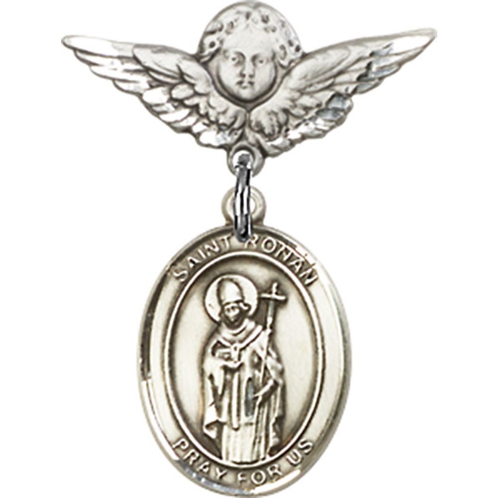 Sterling Silver Baby Badge with St. Ronan Charm & Angel Wing Pin - 7/8