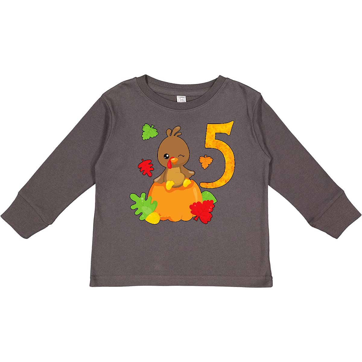 Inktastic 5th Birthday Turkey on Pumpkin Toddler Long Sleeve T-Shirt - Cute Thanksgiving Outfit for Boys & Girls - Perfect for Birthday Parties & Fall Family Photos