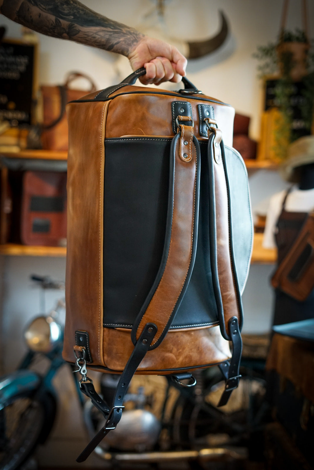 Duffleback Warrior Backpack - Two Tone Golden Maple Brown & Flat Black Accents - Durable Travel & Gym Bag for Outdoor Adventures & Daily Commute