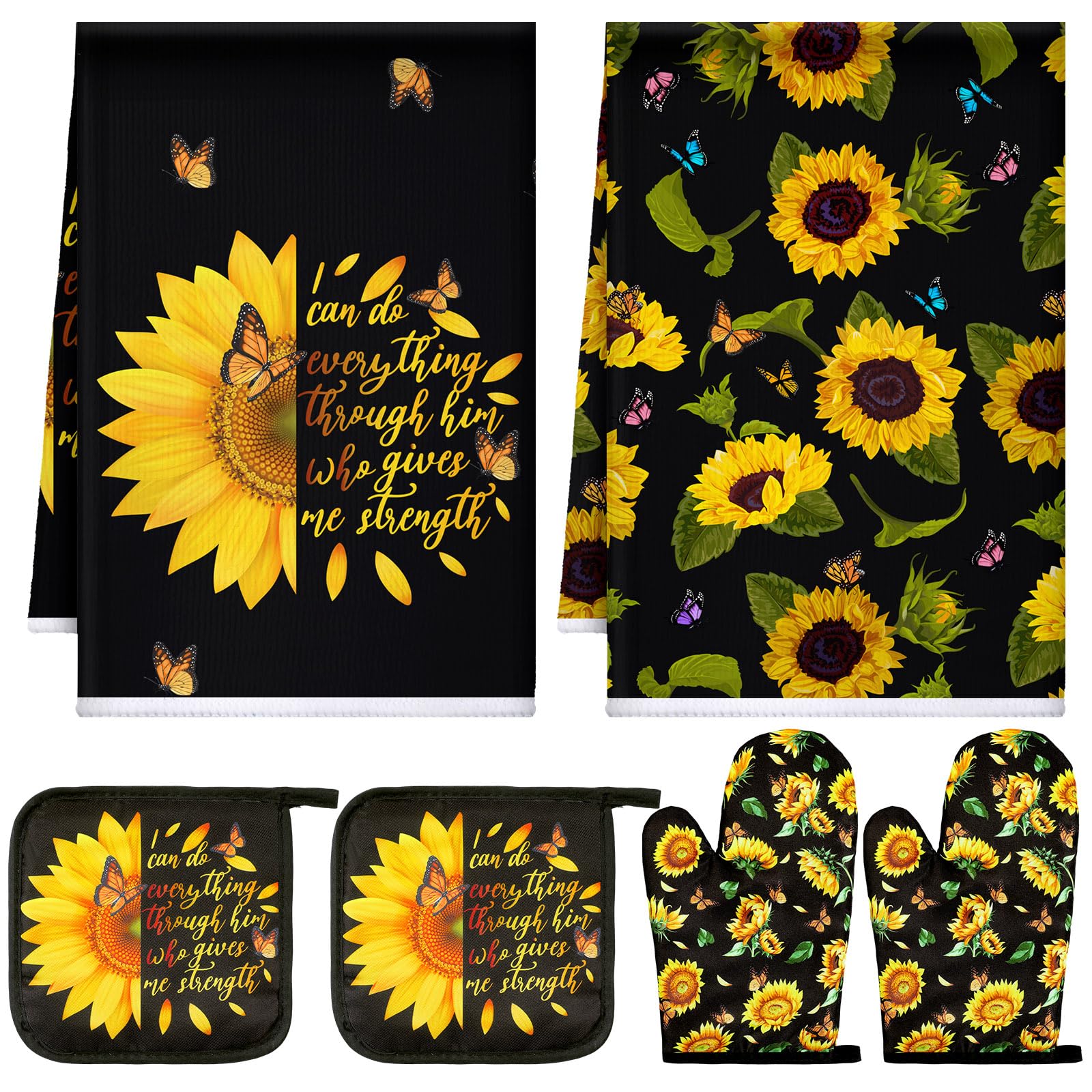 Bencailor 6-Piece Kitchen Decor Set - 2 Oven Mitts, 2 Dish Towels, 2 Pot Holders - Farmhouse Style Cooking & Baking Accessories for Grilling, Baking, and Kitchen Use (Black & Sunflower Design) - Perfect for Home Cooking, BBQ Parties, and Holiday Gift Giving