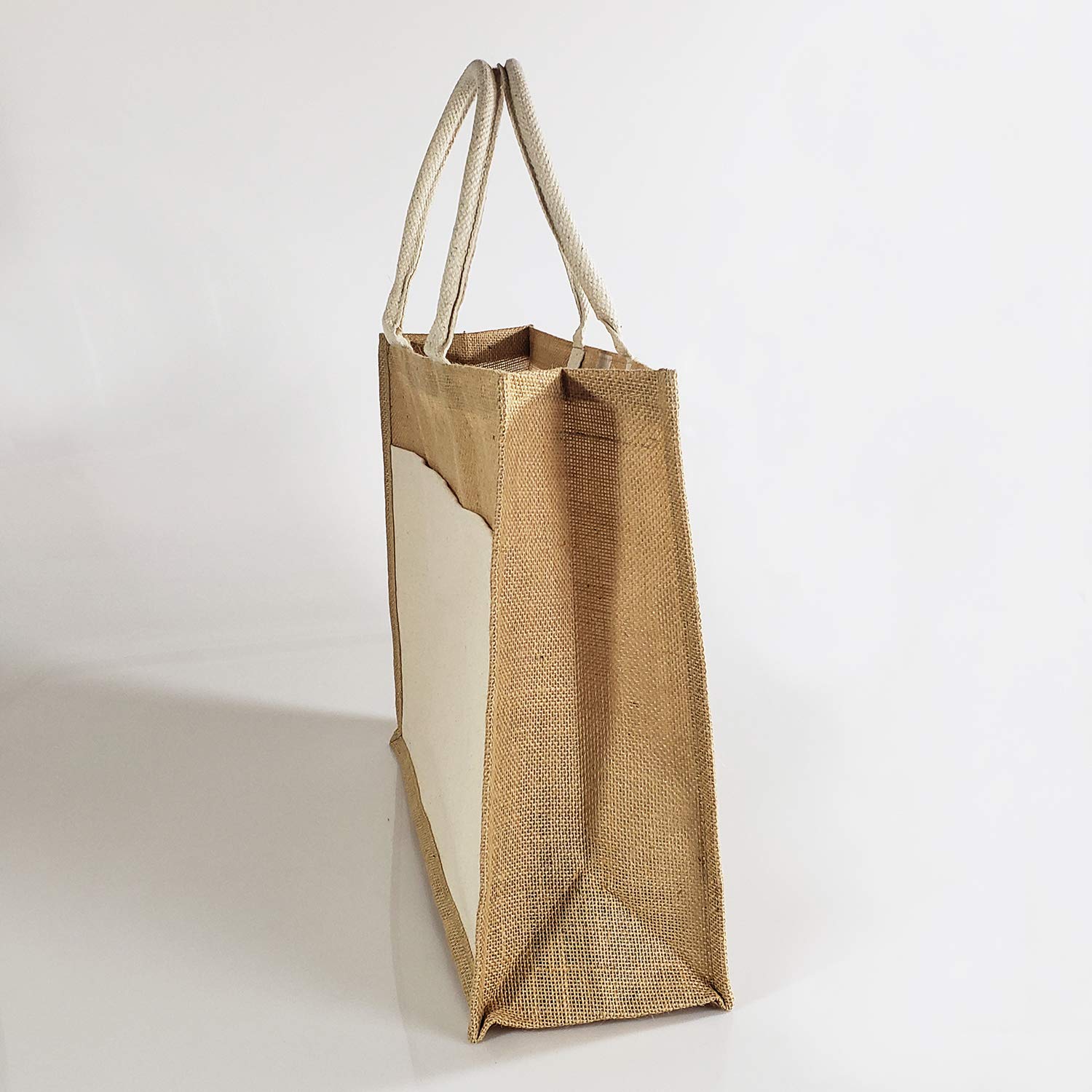 Eco-Friendly Heavy Duty Reusable Jute Burlap Tote Bag with Front Canvas Pocket - Large Shopping Bag for Groceries, Beach, Farmers Market & DIY Crafts | Sustainable Natural Fiber Gift Bag