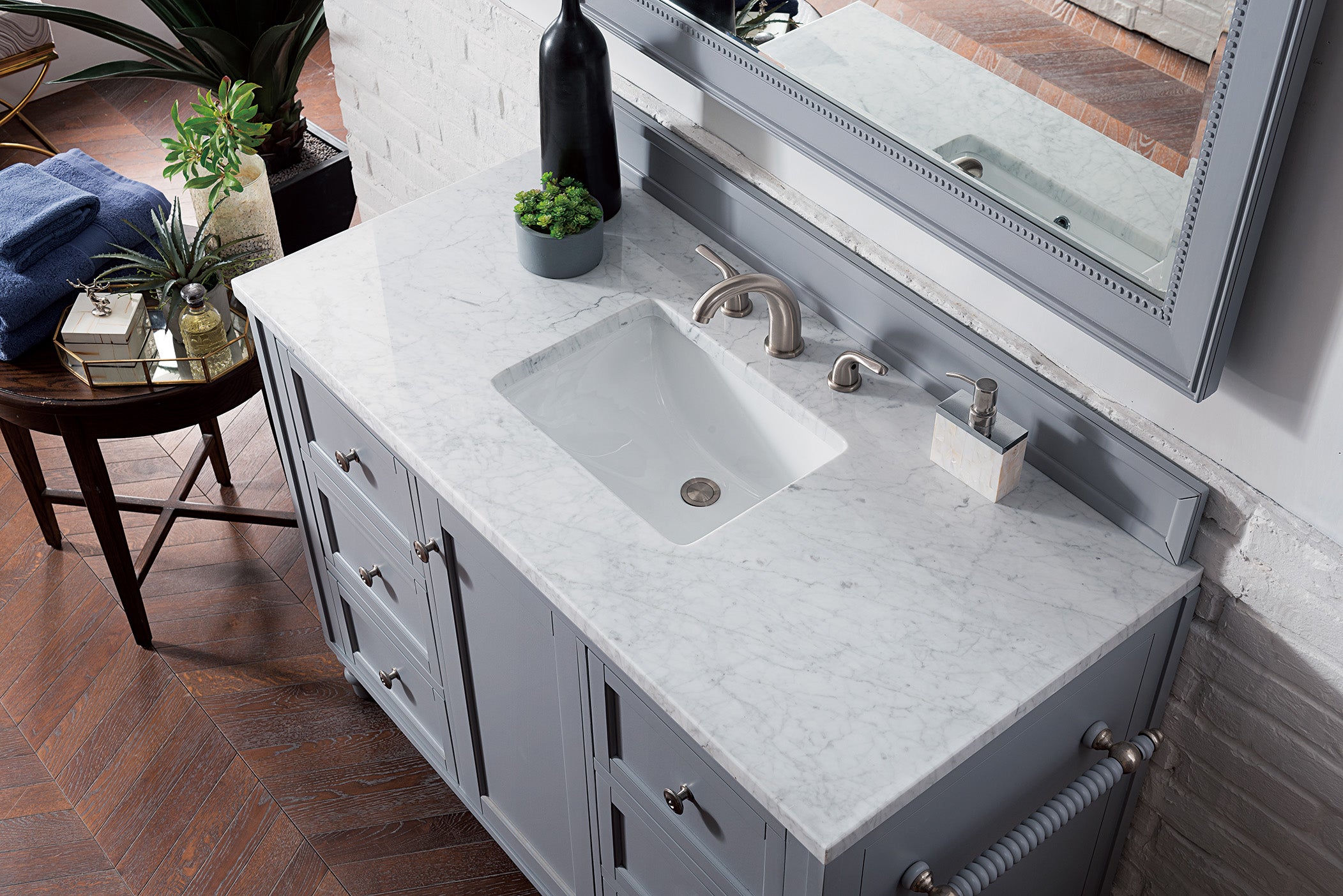 Copper Cove Encore 48 Inch Single Bathroom Vanity with 3CM Carrara Marble Top in Silver Gray - Perfect for Modern Master Bathrooms and Powder Rooms