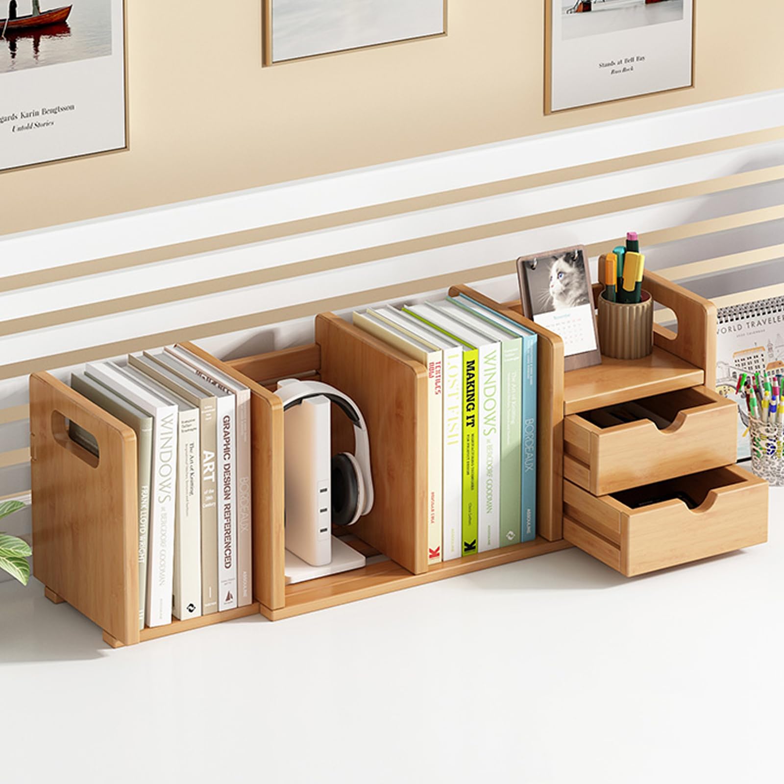 Catekro 6-Tier Bamboo Desktop Organizer with 2 Drawers - Wooden Office Desk Storage for Pens, Notepads, Stationery & Documents - Perfect for Home Office Organization & Workspace Decluttering