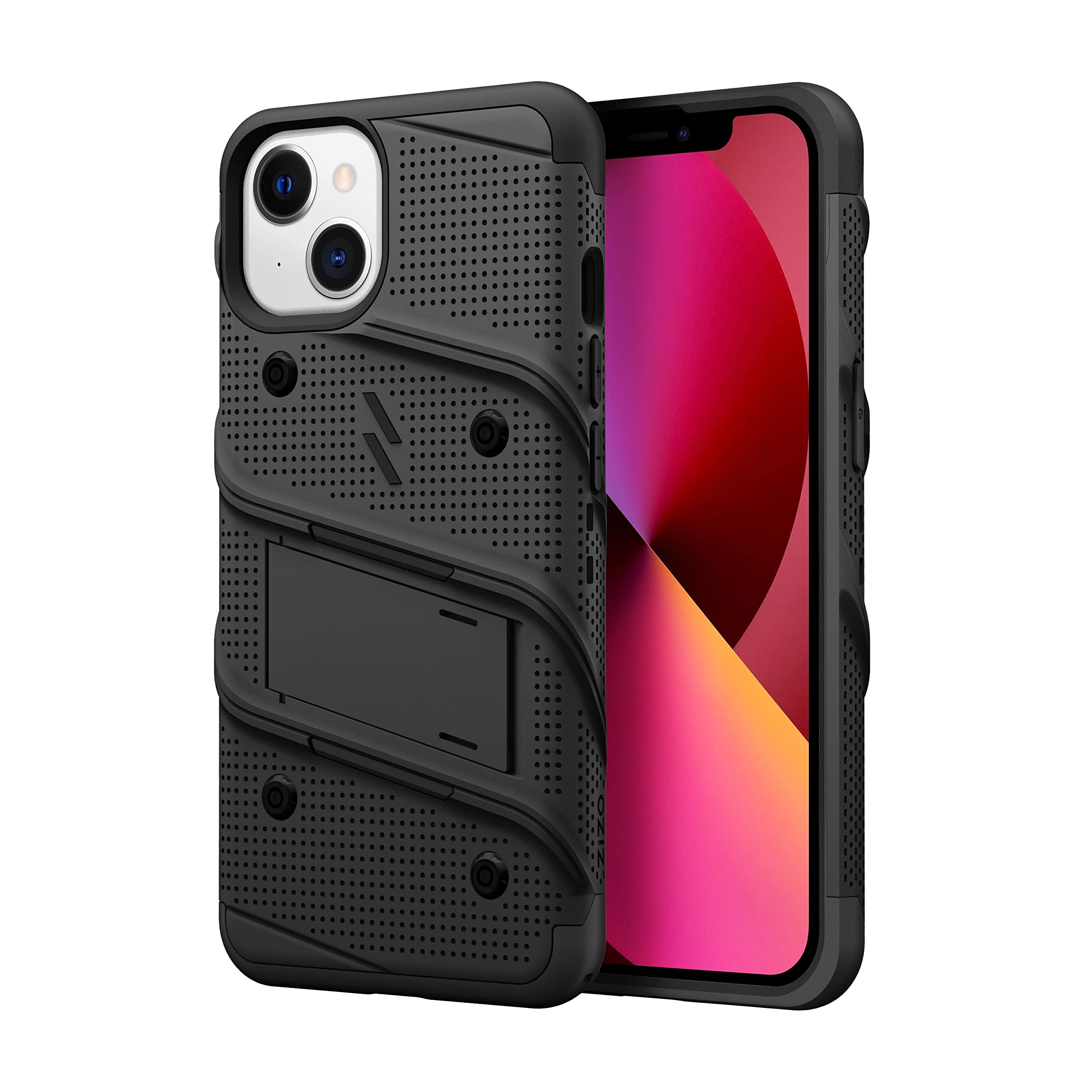 ZIZO Bolt Shockproof Case for iPhone 13 with Built-in Kickstand & Lanyard - Rugged Protective Cover for Workouts, Outdoor Activities & Daily Use - Black