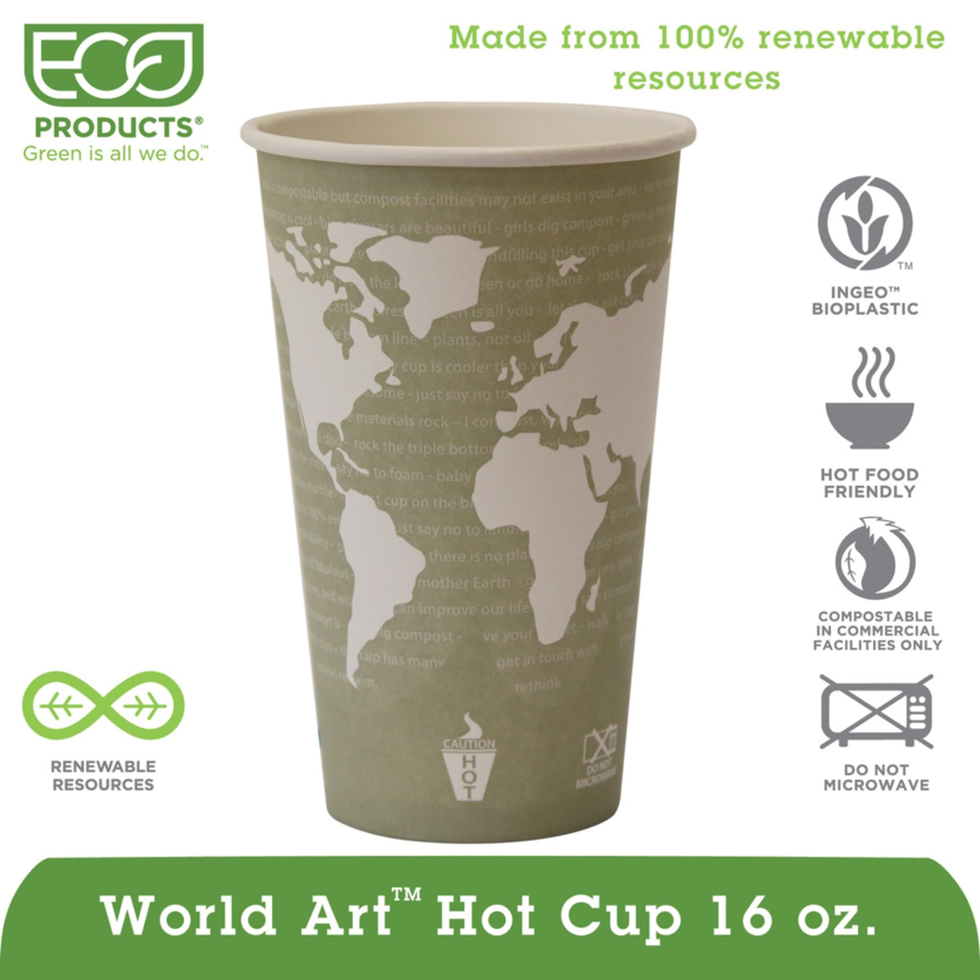 Eco-Friendly 16 Oz Hot Beverage Cups - Biodegradable & Compostable Green Coffee Cups, Case of 1000 - Perfect for Coffee Shops, Offices & Eco-Conscious Events