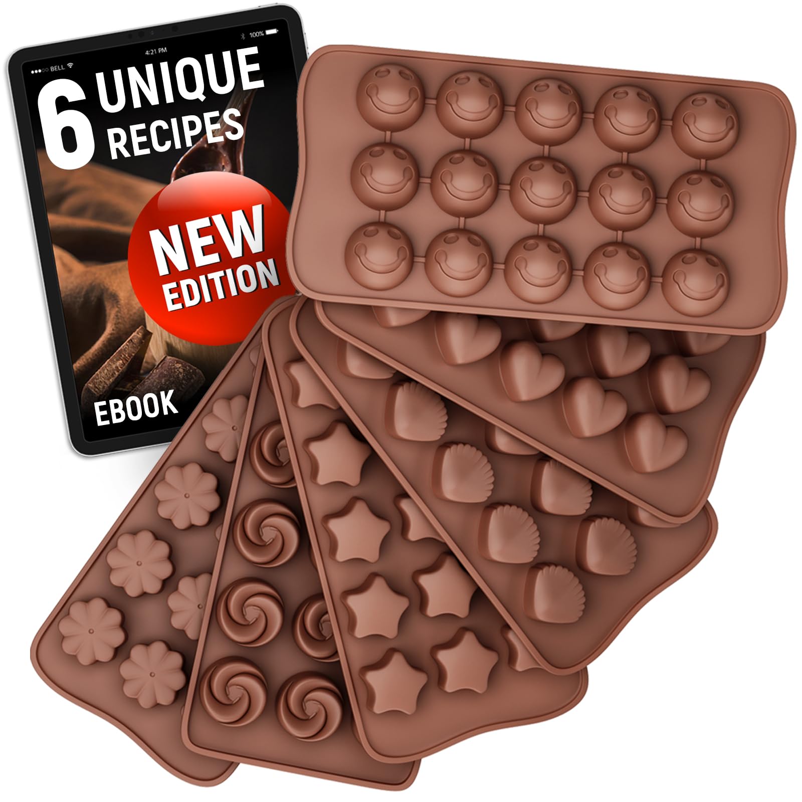 Premium Silicone Chocolate Molds Set of 6 - Non-Stick Food Grade Candy Molds for Chocolate, Jelly, Truffles, Bath Melts & Candles - Includes Free Recipes eBook - Dishwasher Safe - Perfect for Holiday Baking, DIY Gifts & Home Candy Making