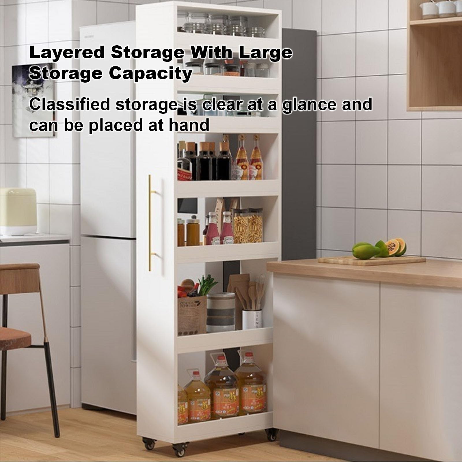 White Large Slim Storage Cart with Wheels - Narrow Rolling Kitchen Cabinet with Handle - Wood Spice Rack Organizer for Pantry, Small Spaces - Perfect for Kitchen, Bathroom, Bedroom & Office Storage Solutions