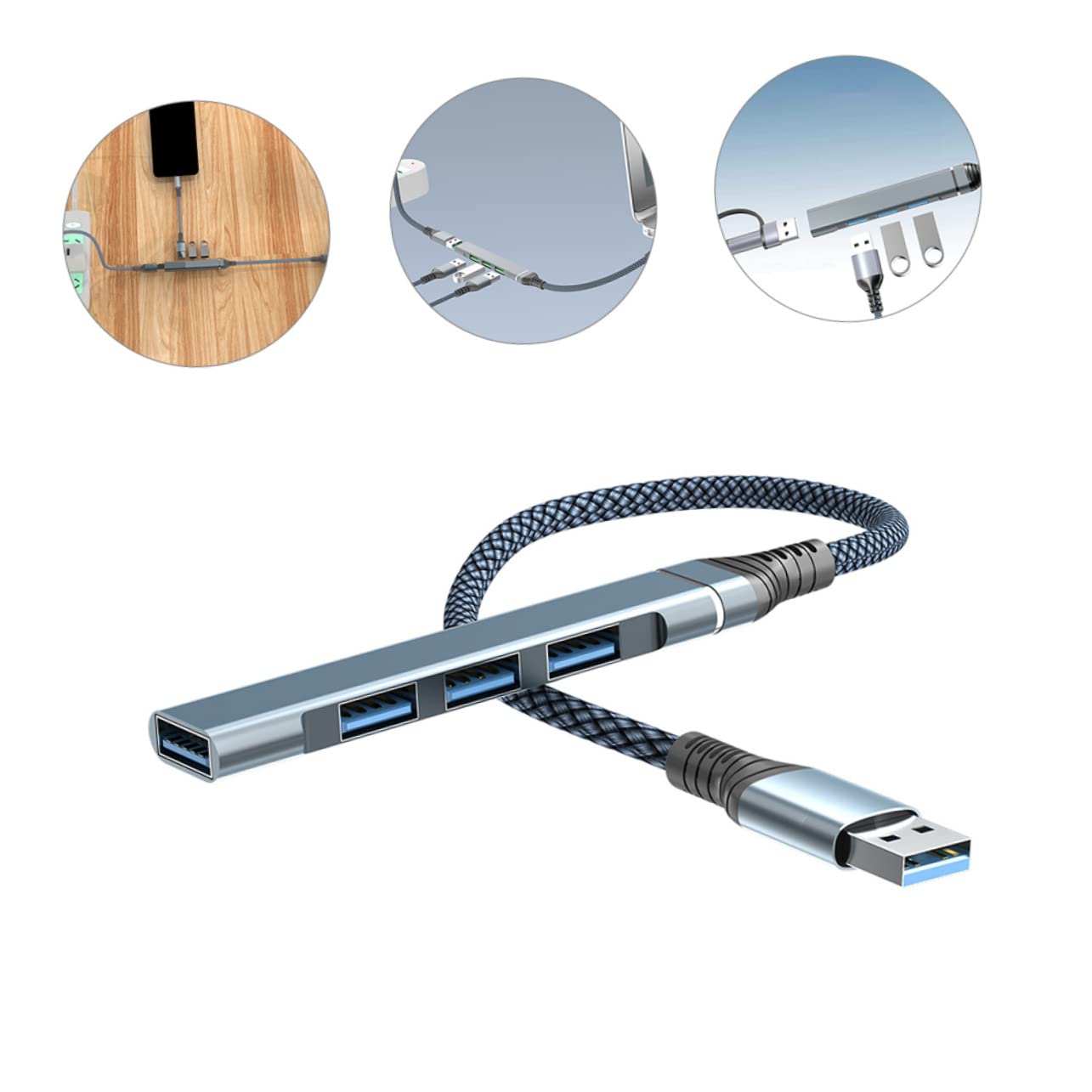 Homoyoyo 3-Port USB Hub with Nylon Braided Cable - USB 3.0 Extension & Docking Station for Laptop, PC, Mac - Ideal for Office, Home & Travel Use
