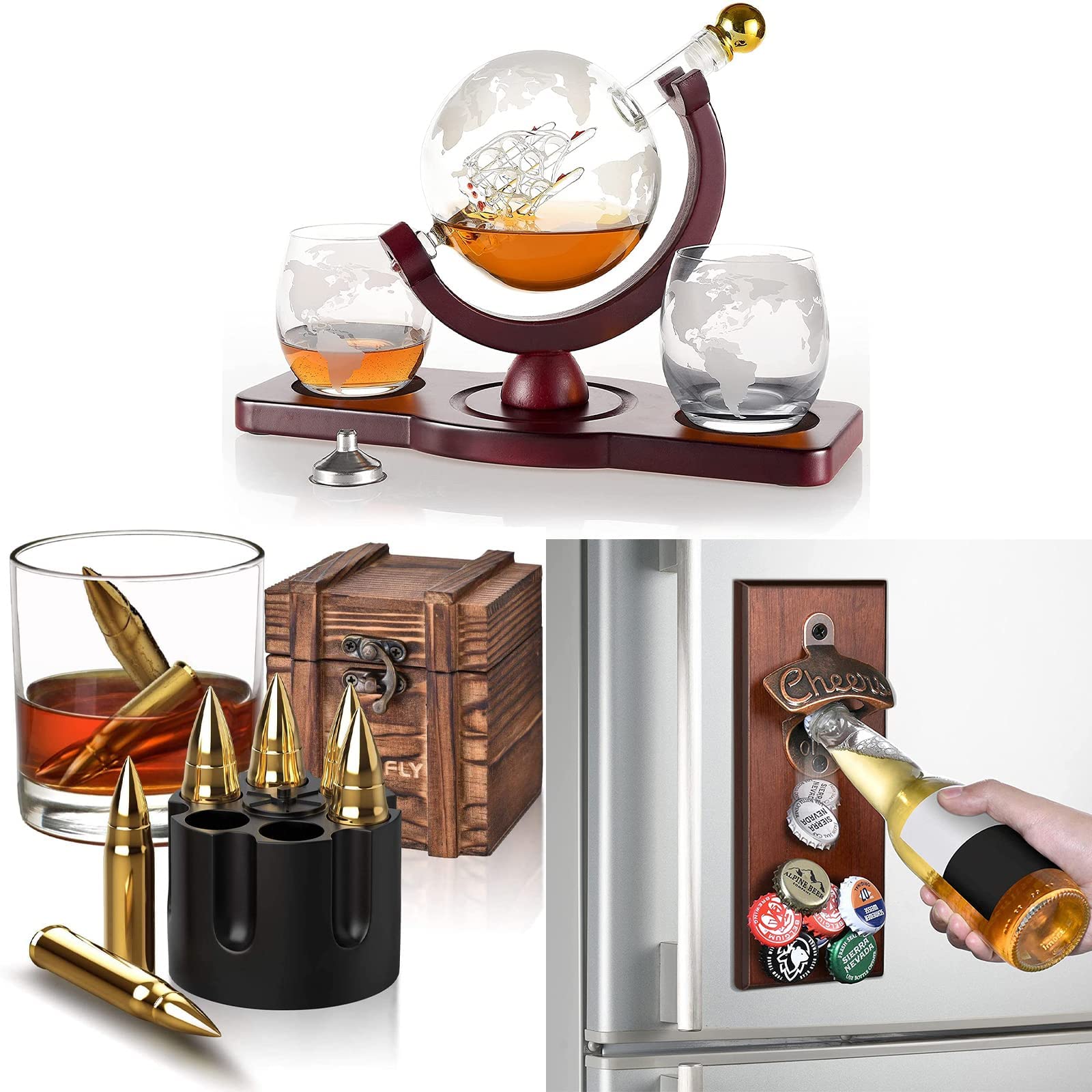Premium Whiskey Decanter Set with 2 Etched Globe Glasses, Whiskey Stones & Magnetic Wall Mounted Bottle Opener - Unique Gifts for Men, Dad, Husband - Perfect for Christmas Stocking Stuffers, Anniversary & Birthday Presents - Ideal for Home Bars, Man Caves & Whiskey Tasting Parties