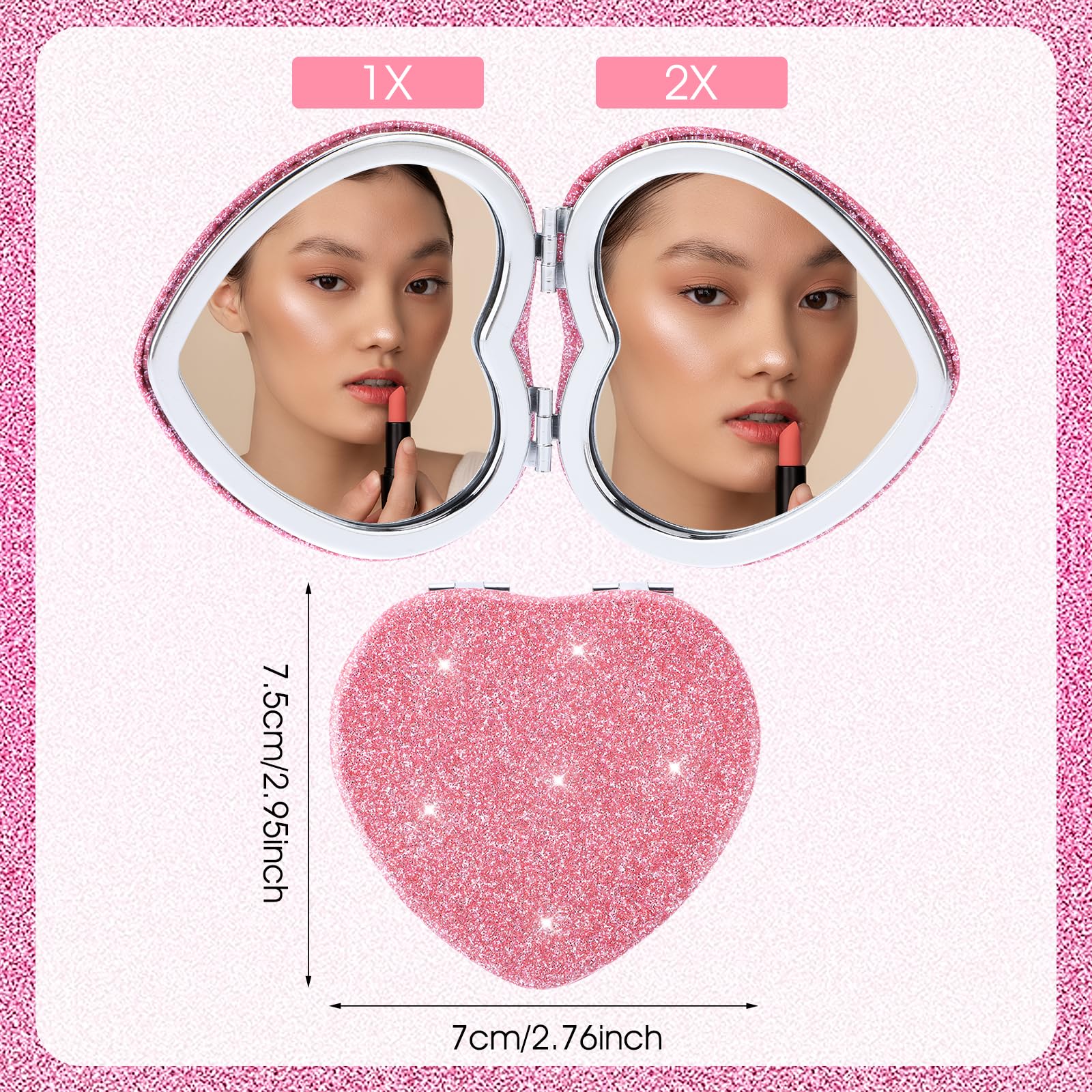 Heart Shaped Compact Mirror for Women - Double Sided 1x/2x Magnifying Pocket Mirror, Portable Vanity Mirror for Purse, Handbag, Wallet, Travel, Home & Office Use (Pink, Cute Mini Design)