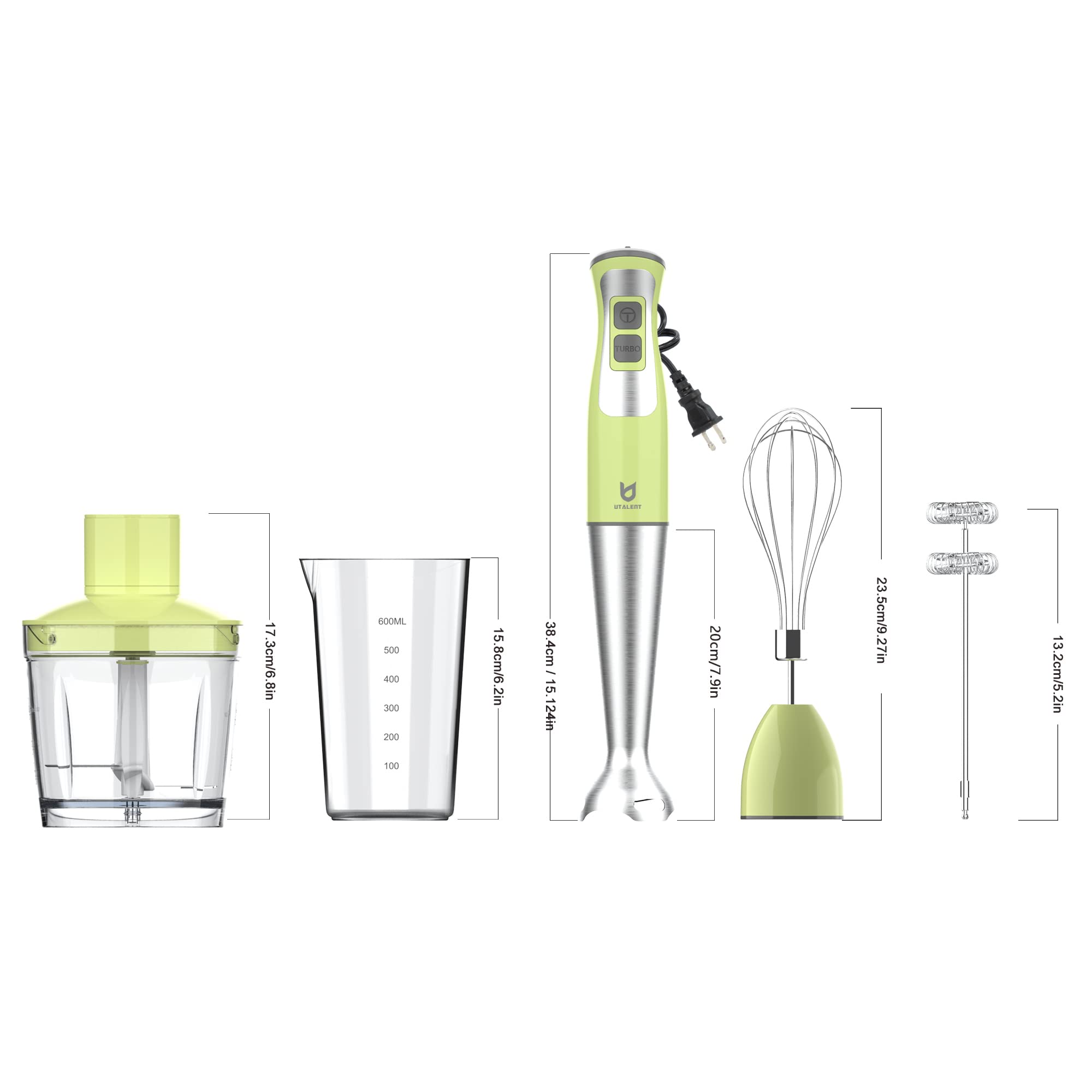 UTALENT 5-in-1 Immersion Hand Blender with 8 Speed Settings | 500ml BPA-Free Food Grinder & 600ml Container | Includes Milk Frother & Egg Whisk | Perfect for Pureeing Baby Food, Making Smoothies, Sauces & Soups | Ideal for Kitchen, Baby Care & Healthy Cooking - Green