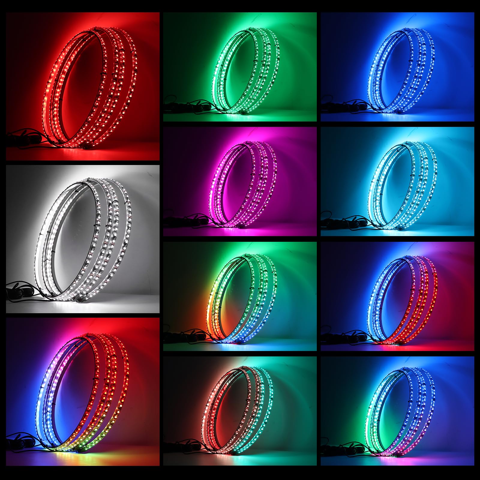 4PCS 15.5 Inch RGB+White LED Wheel Ring Lights with Turn Signal & Brake Function - Remote & APP Control - Single Row Rim Lights for Trucks, Cars, SUVs & Off-Road Vehicles - Perfect for Night Driving, Car Shows & Off-Road Adventures