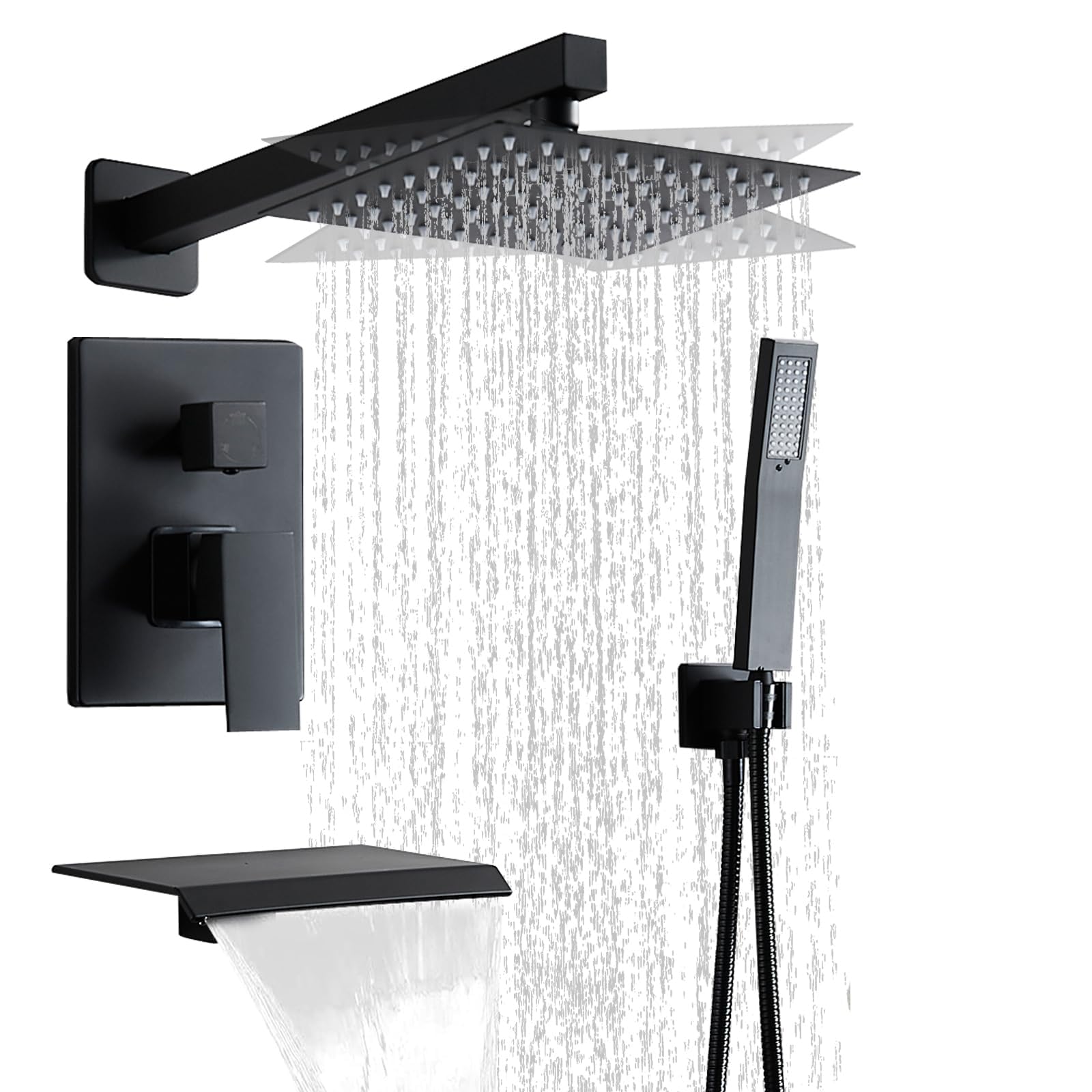 Matte Black 10 Inch Shower Faucet Set with Tub Spout, Rain Shower Head & Handheld Shower System, Wall Mount Bathroom Fixture with 2 Hooks - Perfect for Modern Bathroom Renovation and Spa-Like Shower Experience
