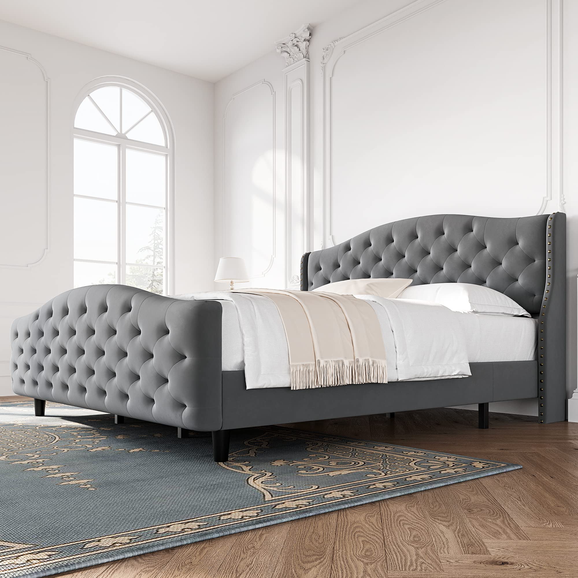 Alkmaar King Size Bed Frame with Upholstered Headboard & Footboard - Velvet Tufted Platform Bed, No Box Spring Required, Easy Assembly, Grey - Perfect for Master Bedroom, Guest Room & Modern Home Decor
