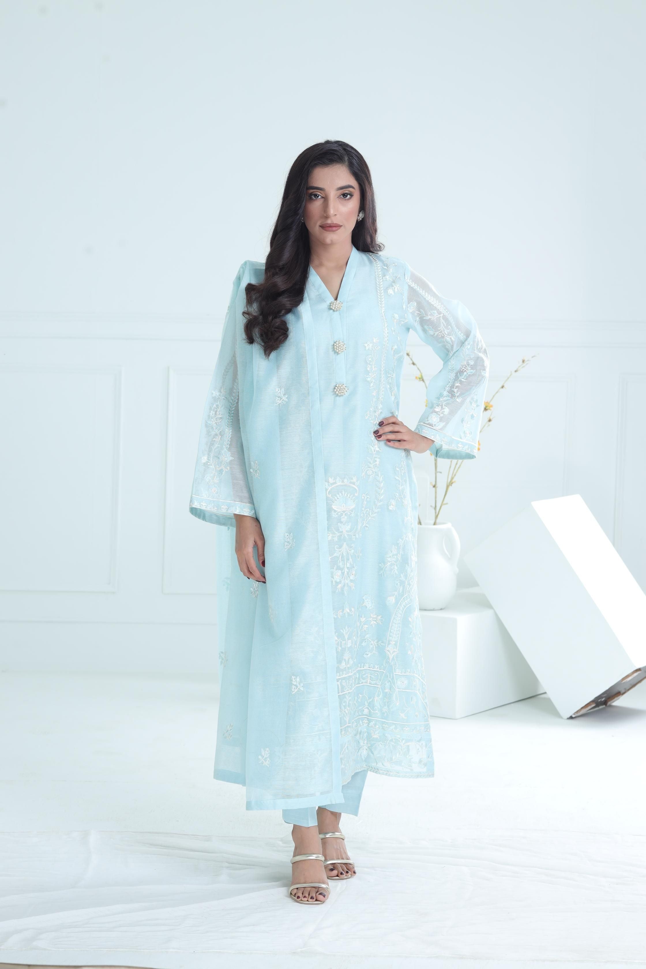 Premium Cotton Net Sky Blue Stitched Suit for Men - Stonez Collection | Formal Office Wear & Wedding Attire