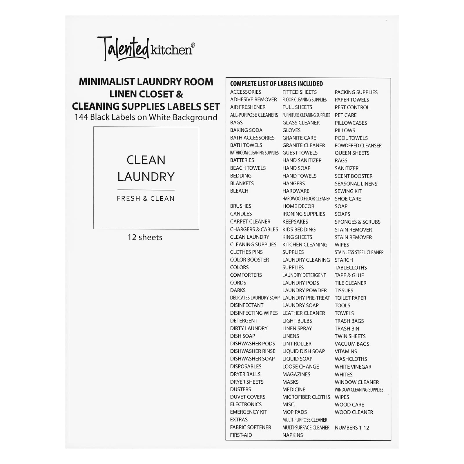 144 Minimalist Laundry Room Labels - Preprinted Organization Stickers for Glass Jars, Containers & Spray Bottles | Black Print on White Matte Backing | Pantry, Bathroom & Home Organization