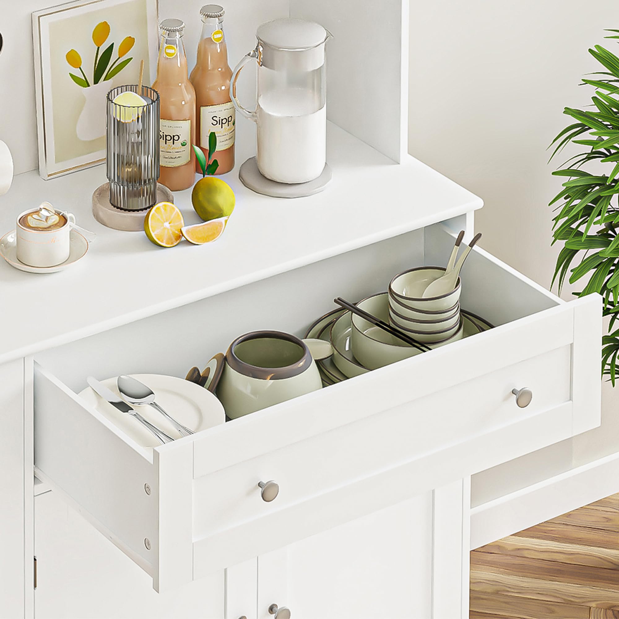Modern White Kitchen Pantry Storage Cabinet with Hutch & Microwave Stand - Buffet Cabinet with Doors, Shelves & Wine Rack for Dining Room | Perfect for Small Kitchen Organization & Stylish Home Decor
