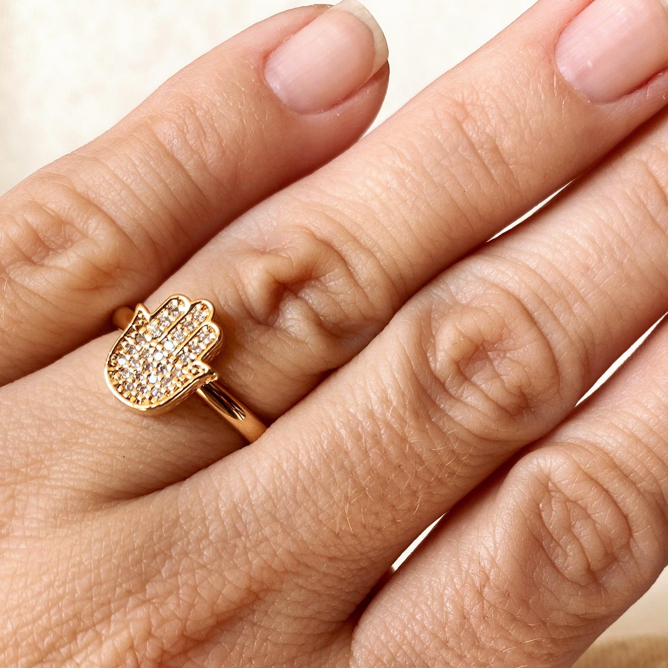 18K Gold Filled Hamsa Ring with Micro Pave Cubic Zirconia - Elegant Hand of Fatima Jewelry for Women, Perfect for Everyday Wear, Gift Giving & Spiritual Protection