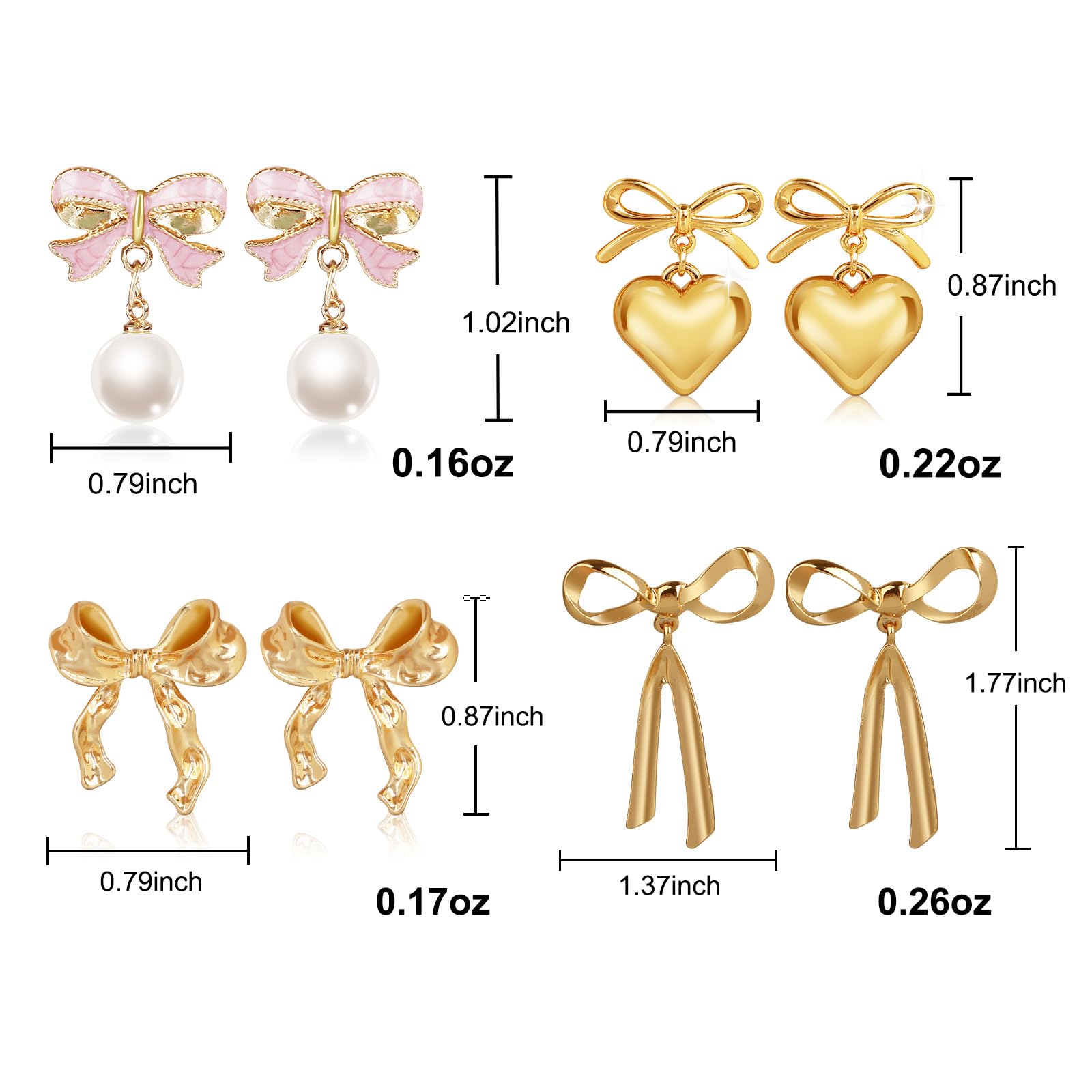 4 Pairs Elegant Gold Pearl Drop Bow Earrings for Women - Trendy Dangle & Stud Jewelry Set for Wedding, Party & Daily Wear - Perfect Gift for Her