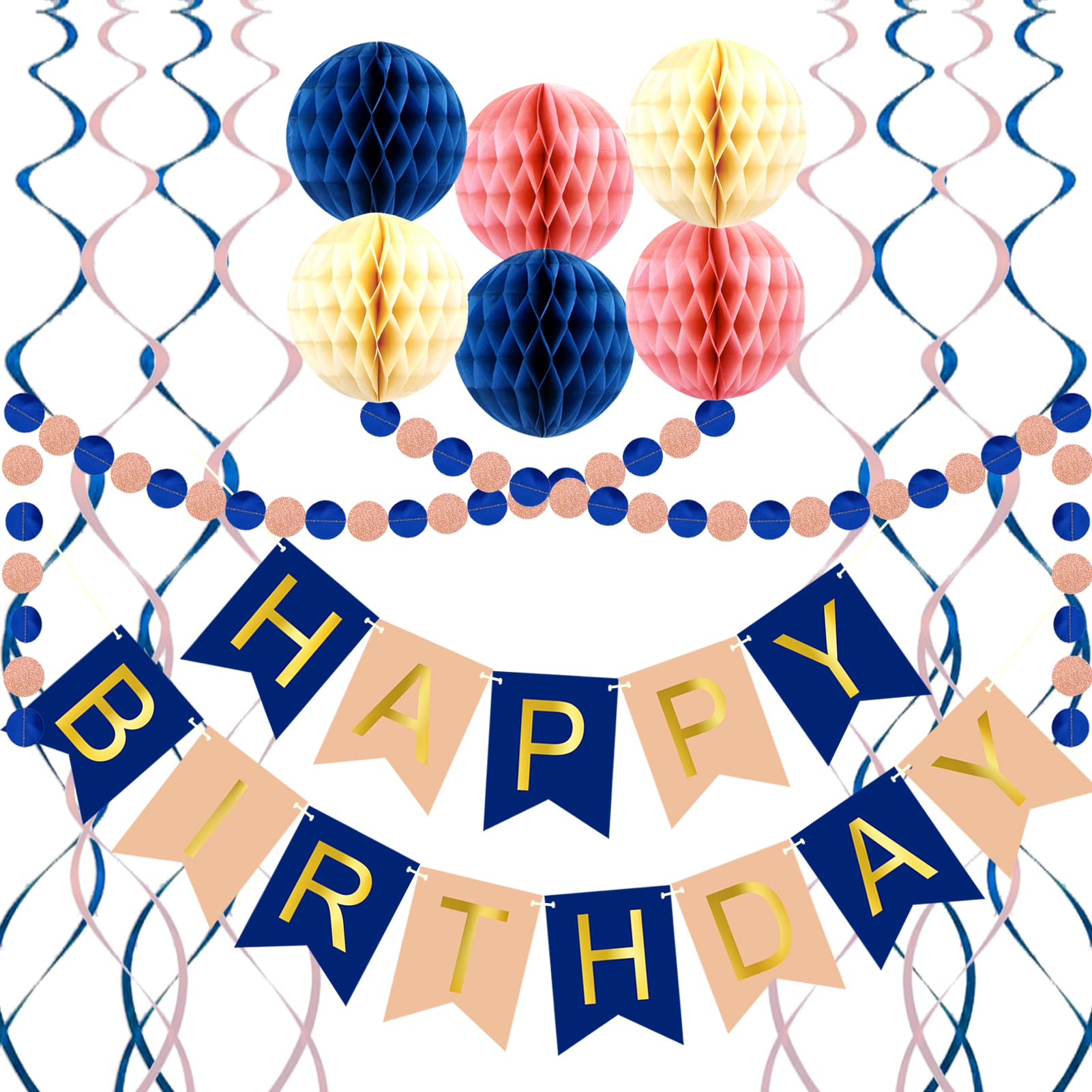 Navy Rose Gold Birthday Decorations Set - Happy Birthday Banner, Honeycomb Balls, Metallic Hanging Swirls & Circle Paper Garland - Elegant Women's Party Decor for Birthday Celebrations, Baby Showers & Bridal Showers