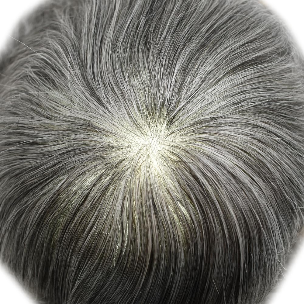 Ultra Thin Skin Toupee for Men - 8x10 Human Hair Toupee System, V-Looped Hairpiece for Hair Replacement, 90% Light Density #1B65 (1B Off Black + 65% Grey) - Natural Looking Hair Prosthesis for Daily Wear & Special Occasions