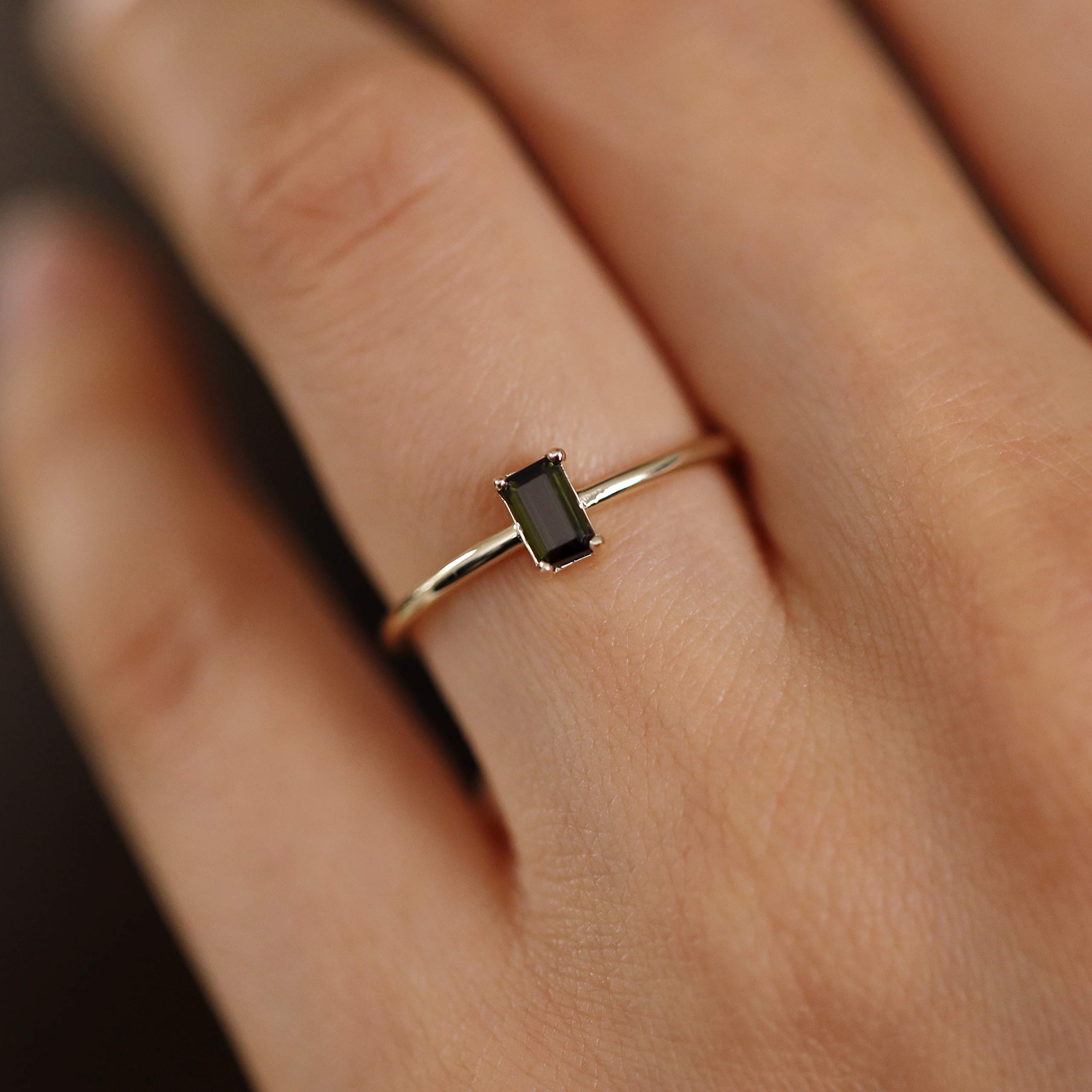 14K Solid Gold Olive Green Tourmaline Solitaire Ring - Baguette Cut Minimalist Birthstone Jewelry for Women, Perfect for Everyday Wear, Anniversary Gifts & Special Occasions