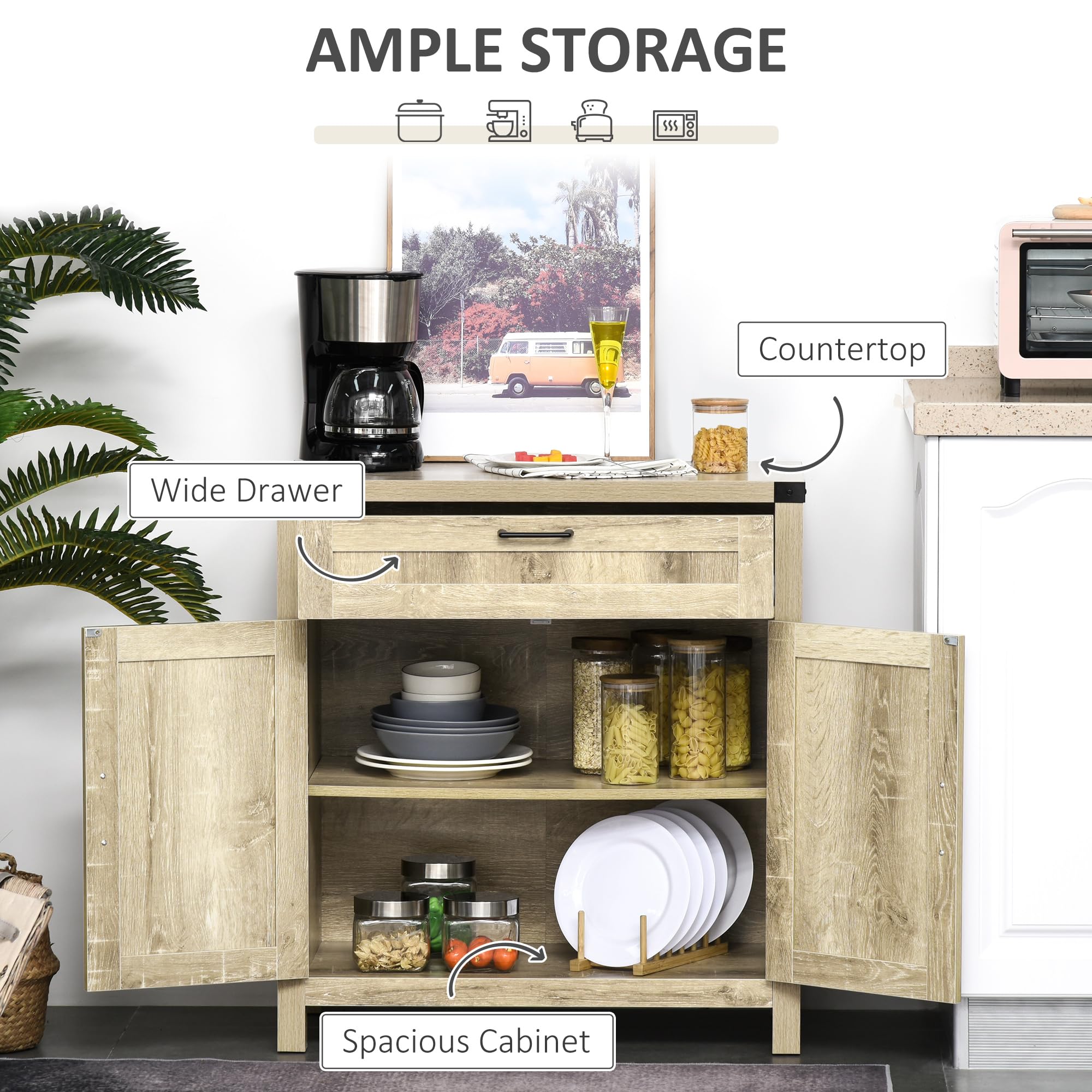 HOMCOM Modern Farmhouse Sideboard Buffet Cabinet with Storage Drawer & 2 Barn Doors - Oak Finish Kitchen Storage & Coffee Bar Cabinet for Dining Room, Living Room, or Entryway Organization