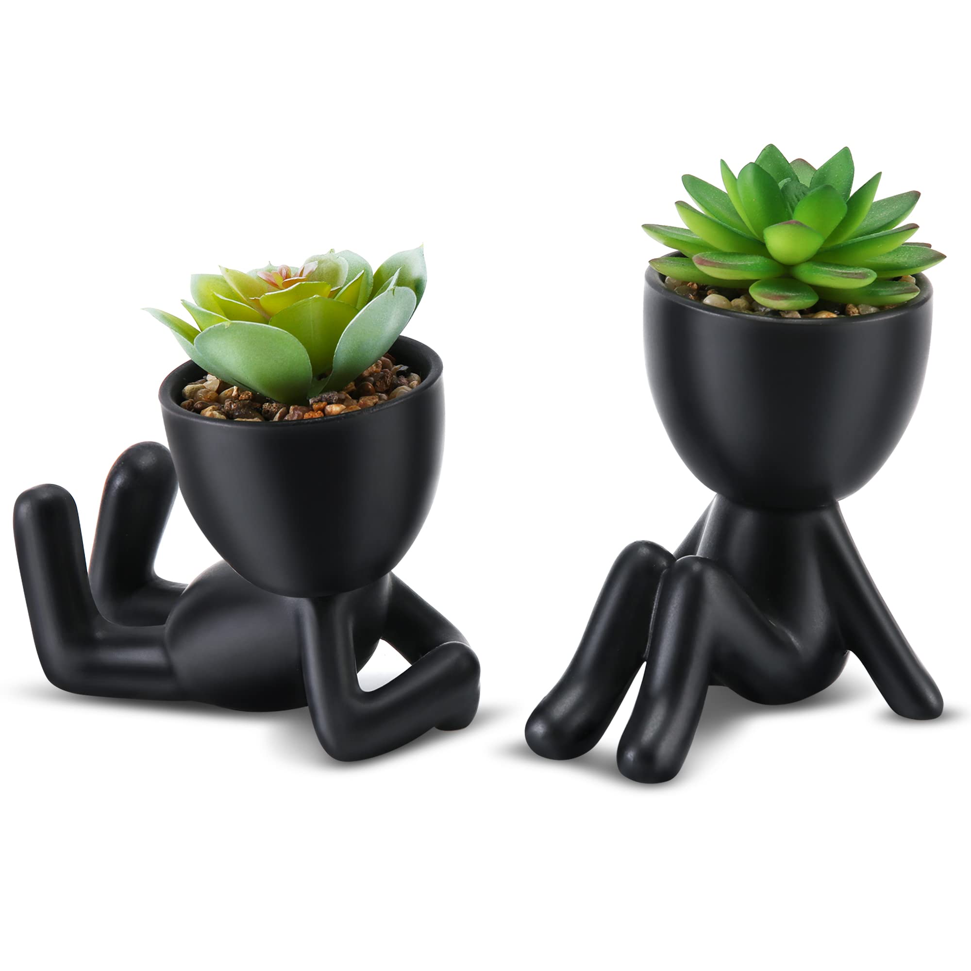 Artificial Succulent Plants in Black Modern Human-Shaped Ceramic Pots - Mini Fake Succulents for Desk Decor, Office, Bathroom & Home Decor - Set of 2 Cute Desk Plants for Women - Perfect for Workspace, Living Room & Gift Ideas