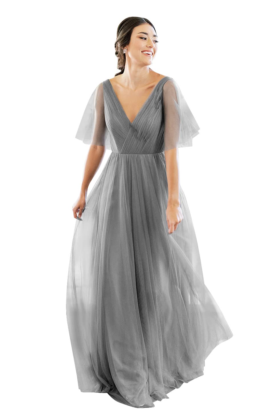 Elegant V-Neck Short Sleeve Tulle Bridesmaid Dress for Women - Backless Long Formal Gown for Weddings, Proms & Special Occasions