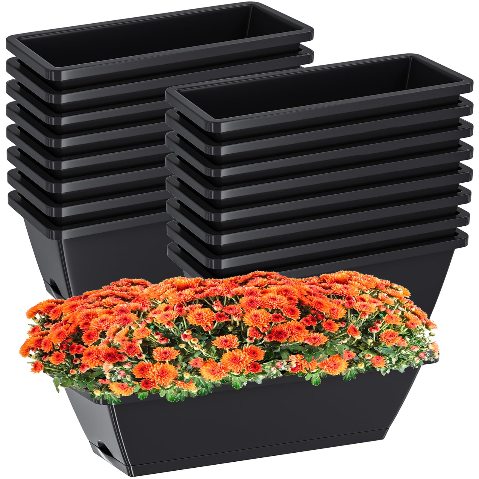 16 Pack Rectangle Window Box Planters - 17 Inch Long Plastic Flower Box with Drainage Holes & Trays for Indoor/Outdoor Use - Dark Grey Herb Garden Plant Pots Perfect for Windowsill, Balcony & Patio Decor