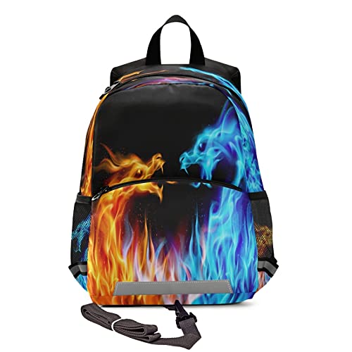 Fiery Dragons Toddler Backpack with Safety Leash - Blue & Red Kids School Bag for Boys & Girls | Preschool, Kindergarten, Travel & Nursery Essentials with Reflective Stripes & Chest Clip