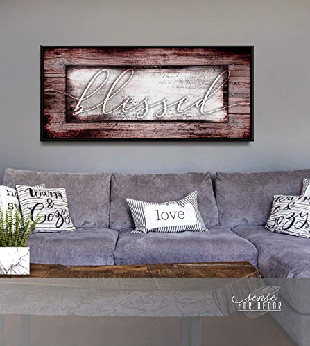 Blessed Sign Religious Wall Decor - Christian Framed Canvas Art for Living Room - Large Wine Red & Black Floating Frame 42x19 - Perfect for Home, Church & Office Decorations