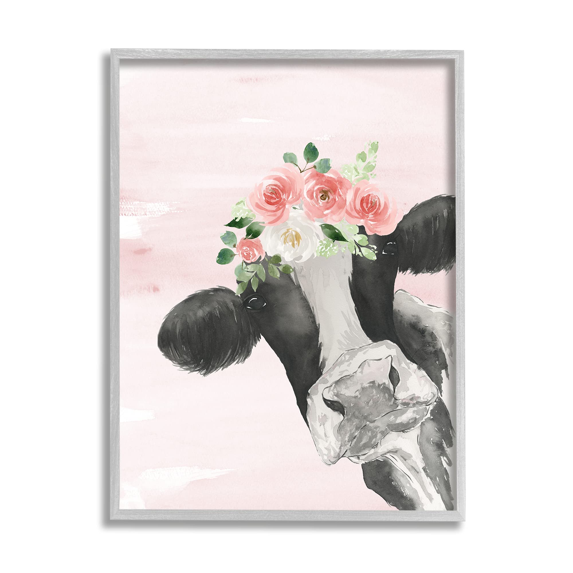 Stupell Industries Dairy Farm Cow Watercolor Portrait with Pink Floral Crown - Gray Framed Wall Art 11
