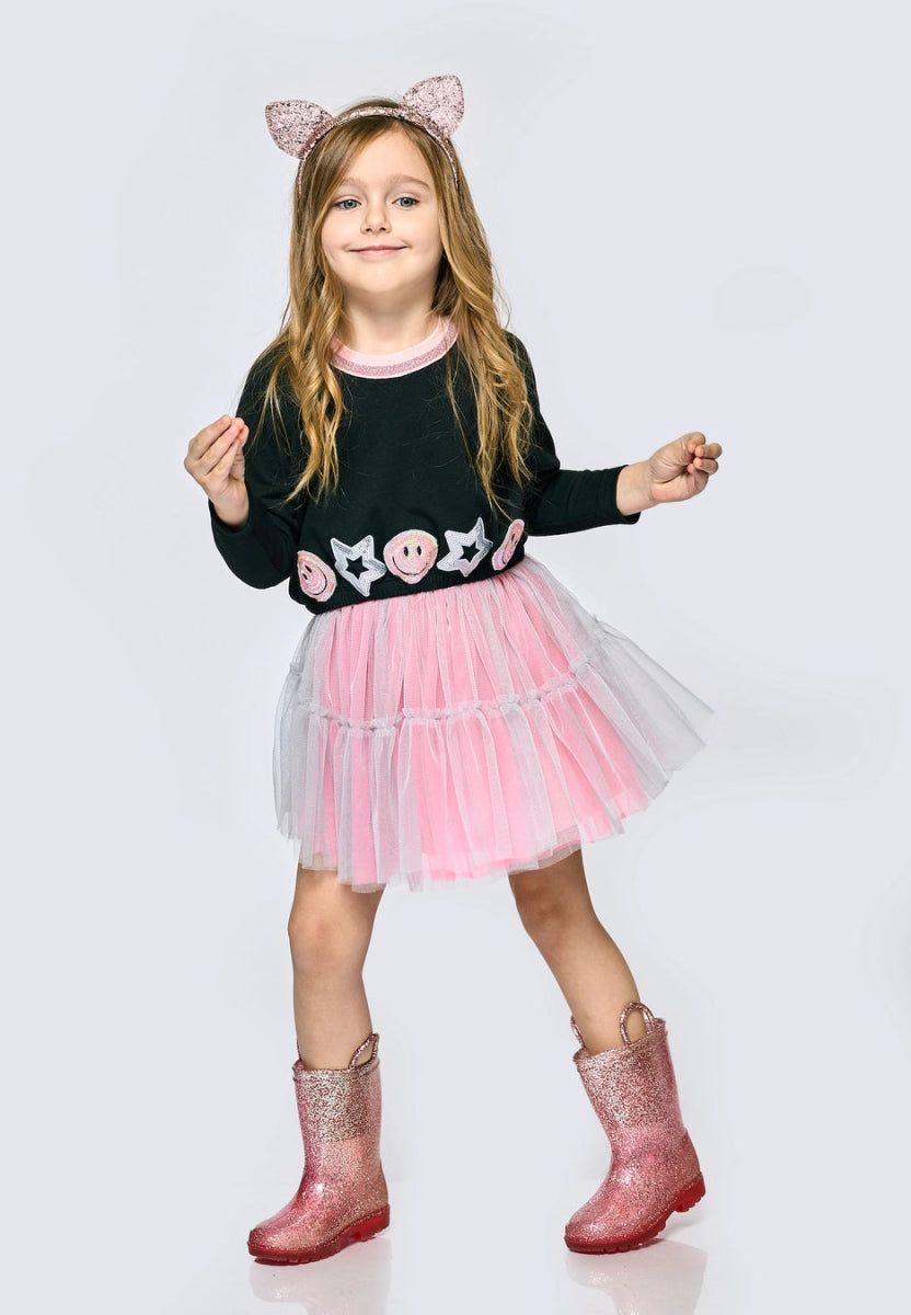 Smiley Face & Stars Patches Tutu Dress for Girls - Cute & Playful Ballet Skirt for Dance, Birthday Parties & Photo Shoots