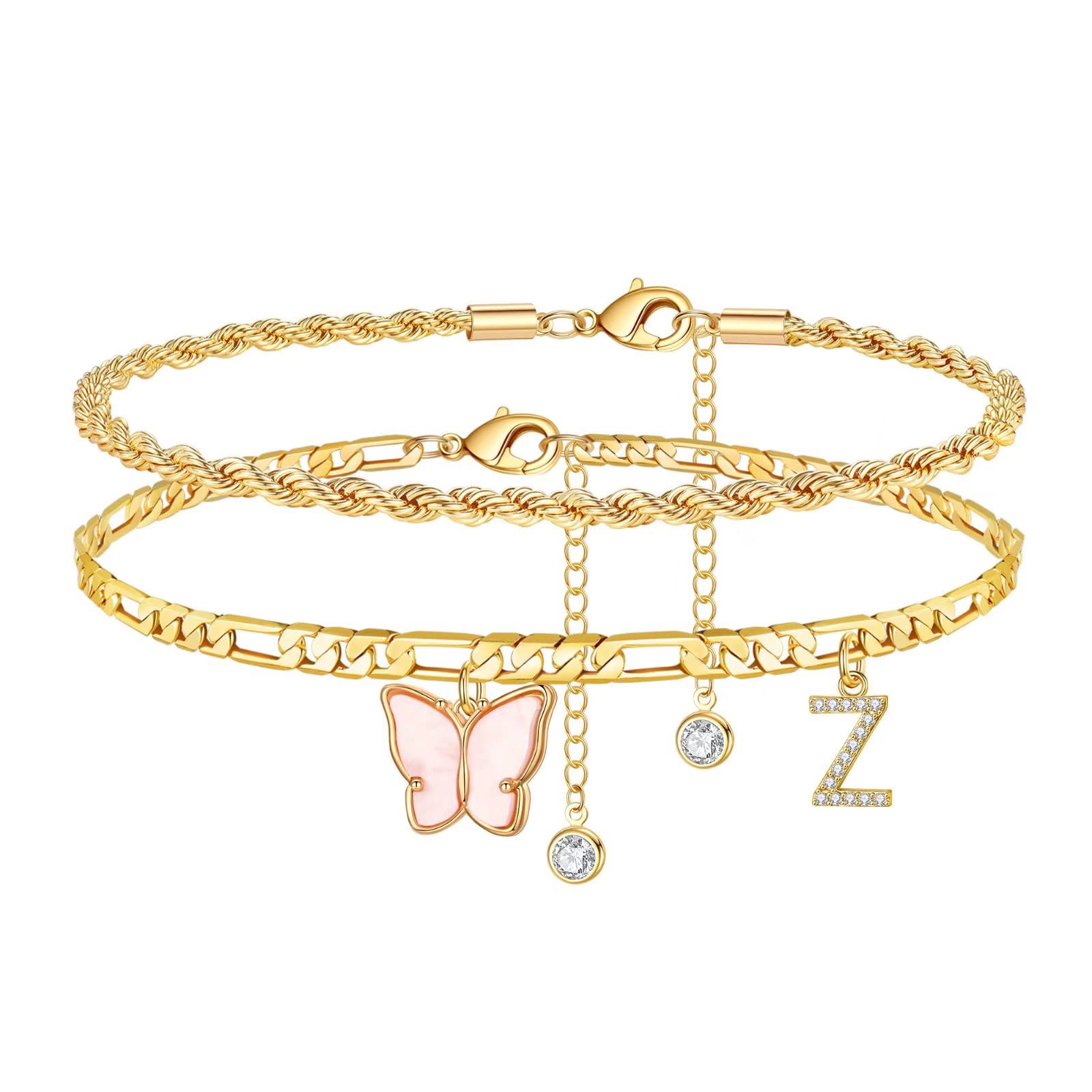 14K Gold Plated Butterfly Ankle Bracelet for Women - Initial Letter A-Z Layered Anklet, Dainty Foot Jewelry Gift for Teen Girls, Perfect for Beach Vacations, Summer Outfits & Special Occasions