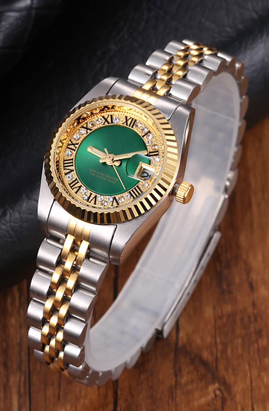 Reginald Women's Luxury Diamond Dial Quartz Watch - Stainless Steel Waterproof Date Display - Silver Gold Two Tone Green Wristwatch for Business, Party & Formal Occasions