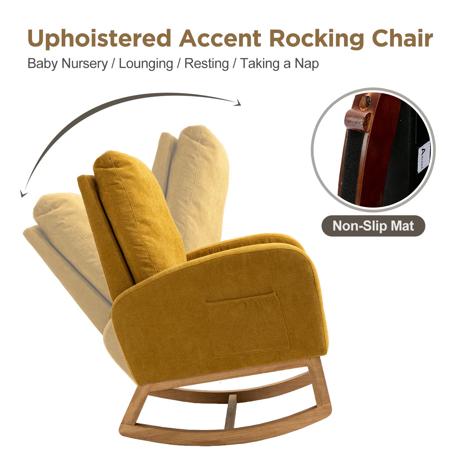 Modern Upholstered Glider Rocker Chair - Nursery Rocking Chair with Side Pocket, Comfortable Armchair for Living Room, Bedroom & Nursery (Yellow) - Perfect for Breastfeeding, Relaxing & Nursery Decor