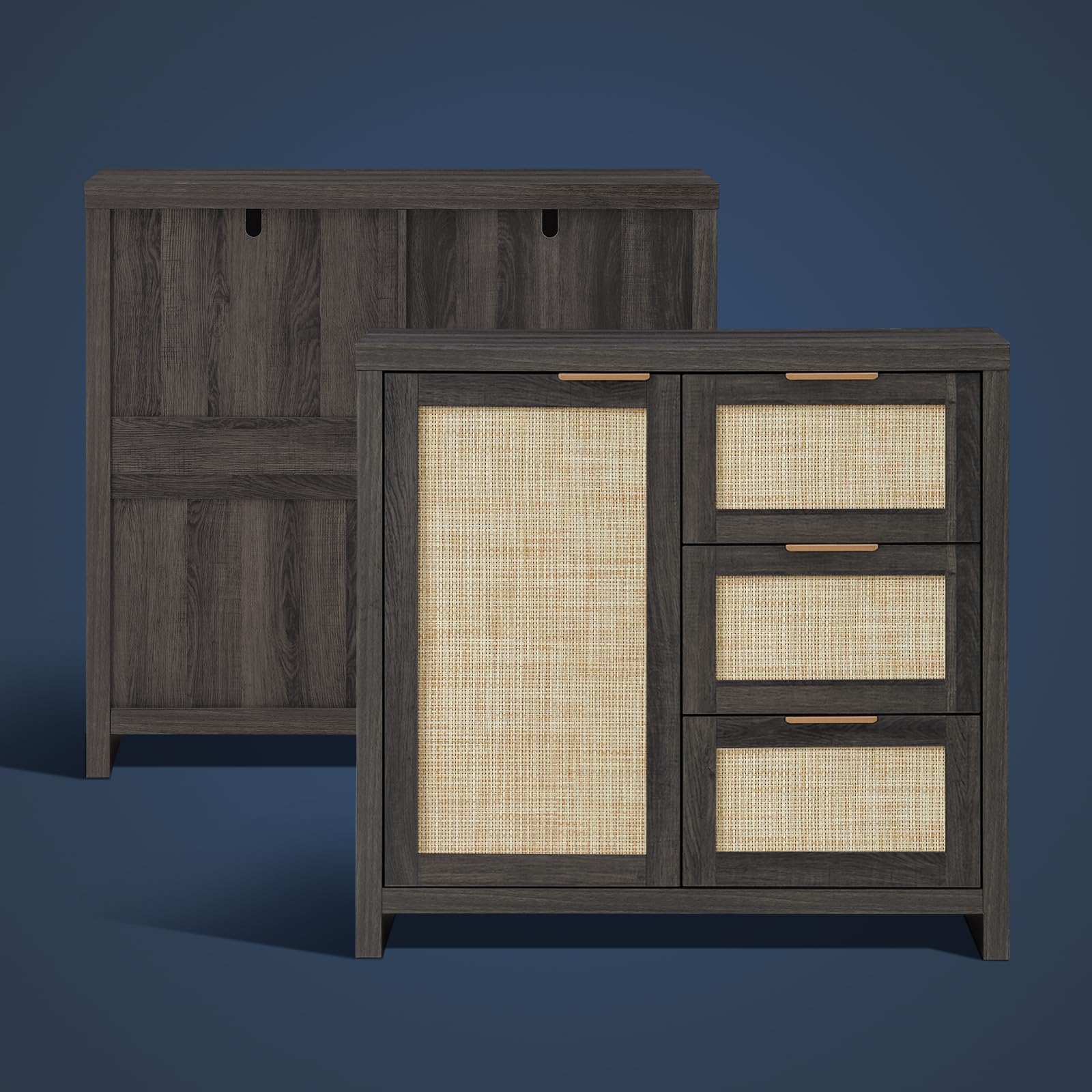 Hampstead 3-Drawer Rattan Storage Cabinet - Adjustable Shelves Kitchen Buffet Sideboard for Living Room, Hallway & Dining Room - Midnight Oak Finish | Perfect for Home Organization & Entertaining
