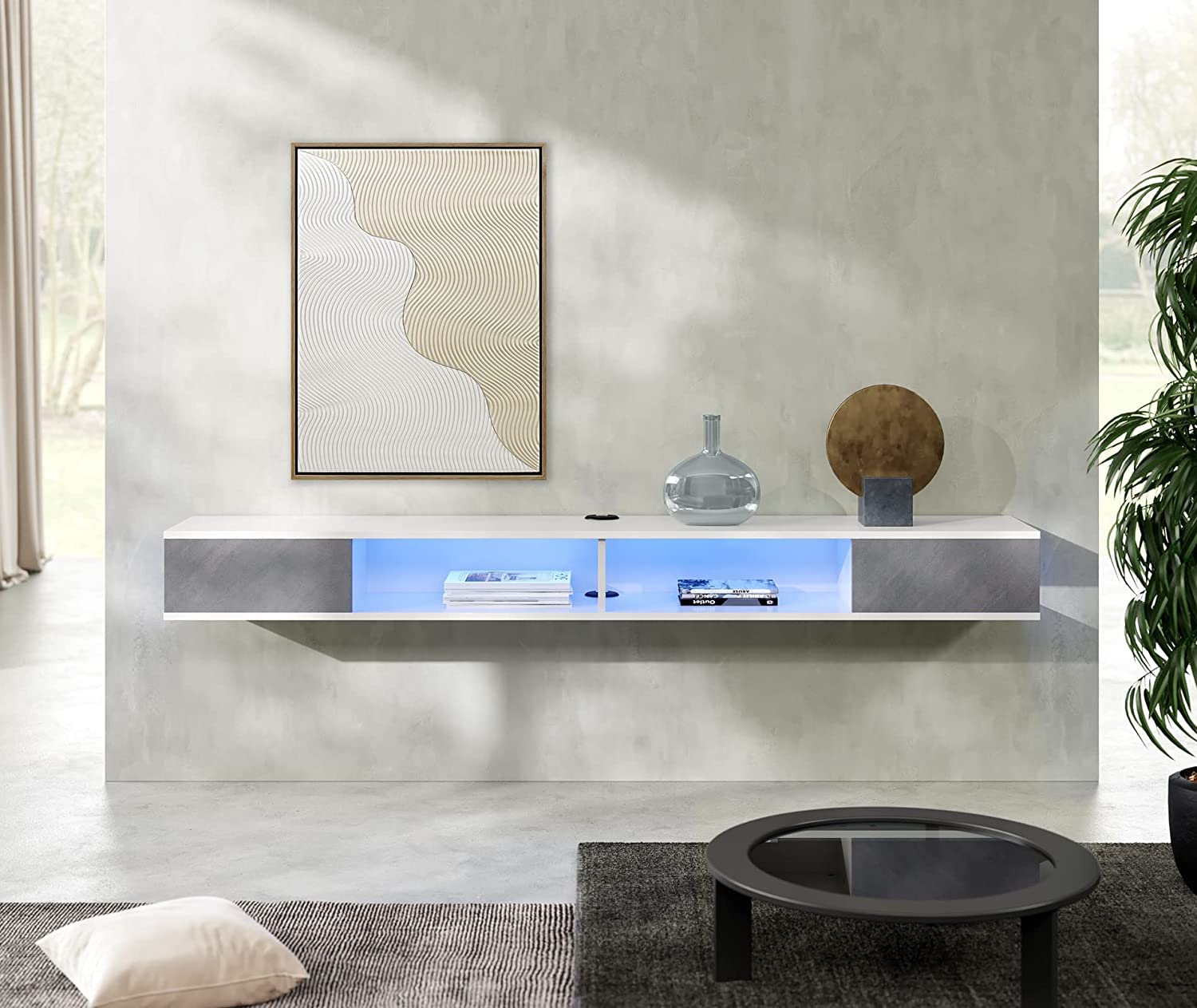 WAMPAT 70 Inch Floating TV Stand for 75 Inch TVs - Modern Wall Mounted Entertainment Center with Storage - White & Gray TV Console for Living Room, Bedroom & Home Theater Setup
