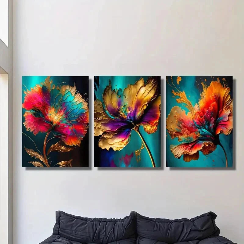 3-Piece Colorful Floral Metal Wall Art Set - Gold Gilt Decorative Prints Ready to Hang - Perfect for Living Room, Bedroom & Office Decor