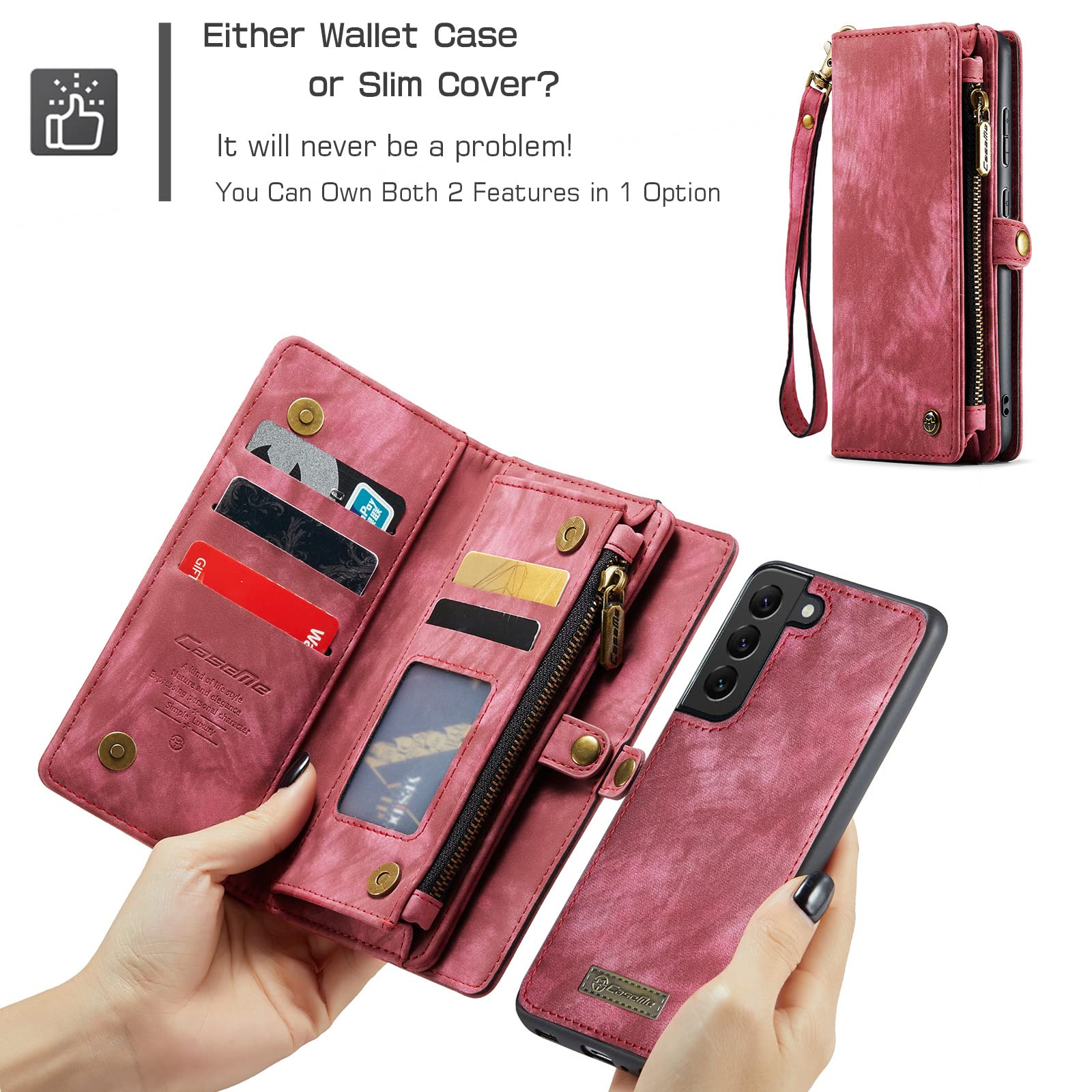 Genuine Leather Magnetic Wallet Case for Samsung Galaxy S22 2022 & S22 Ultra - Detachable Flip Cover with RFID Blocking, Card Slots & Zipper Purse | Perfect for Business, Travel & Everyday Protection (Red)
